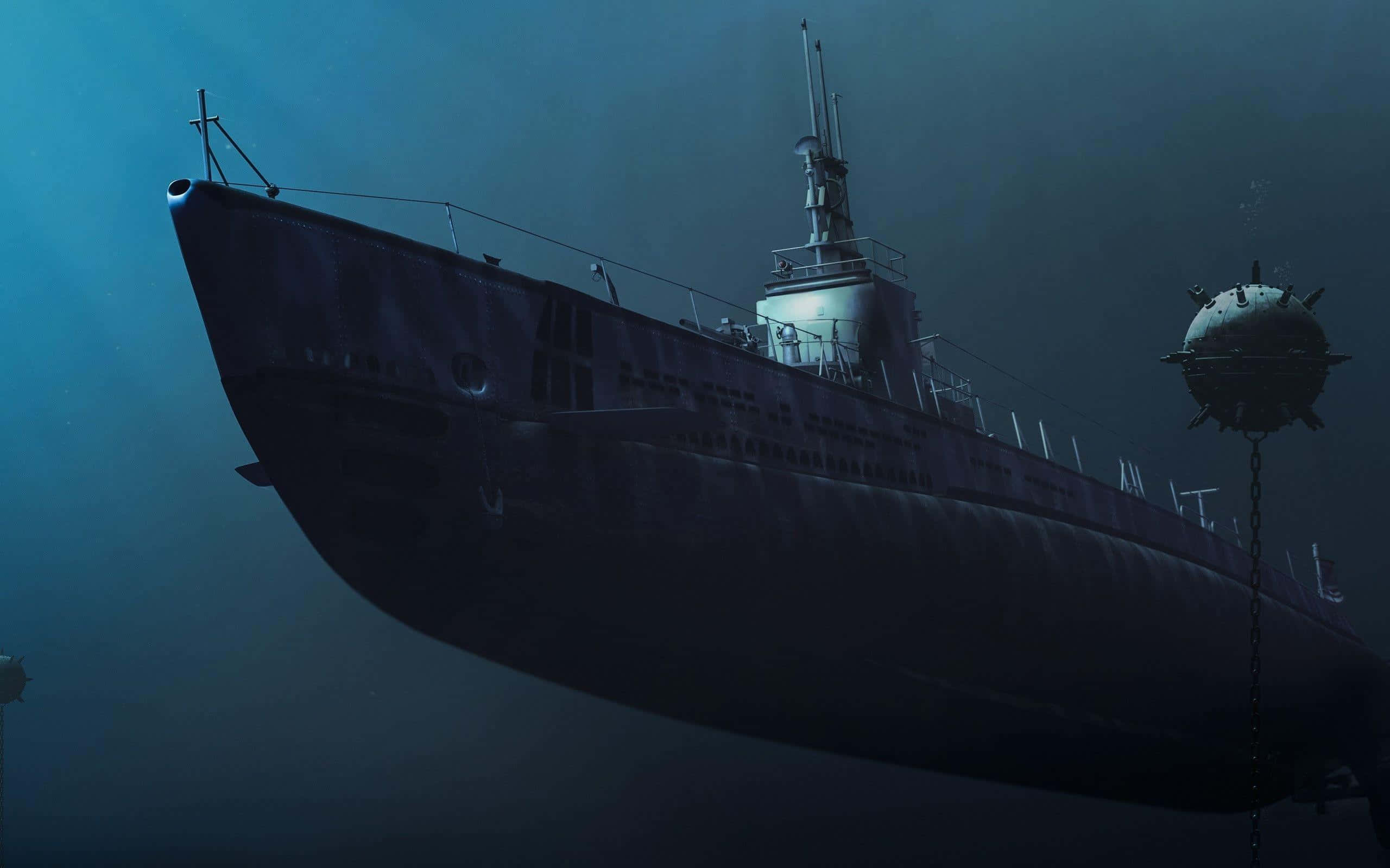 submarine, ocean floor, eerie blue-green light, 2K Desktop Wallpaper