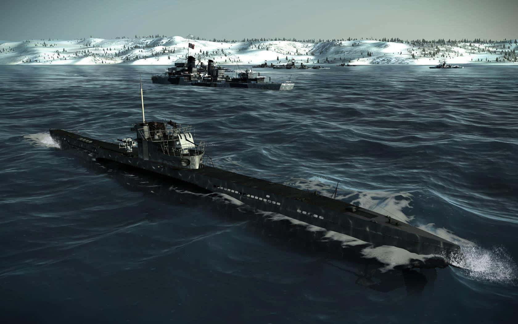 submarine, snow-covered hills, warships, HD Desktop Wallpaper