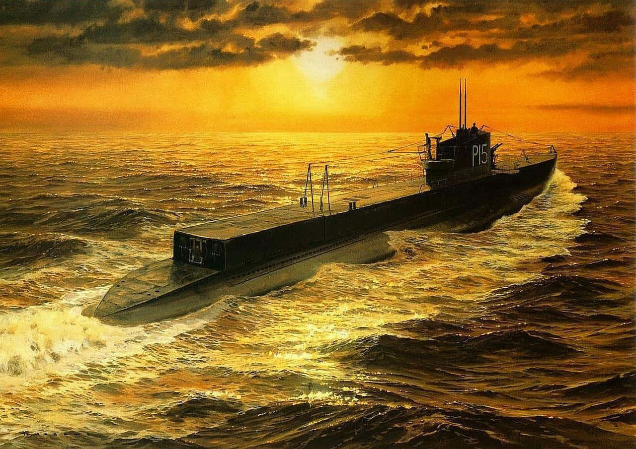 Submarine, golden waves, fiery sunset sky, HD Desktop Wallpaper