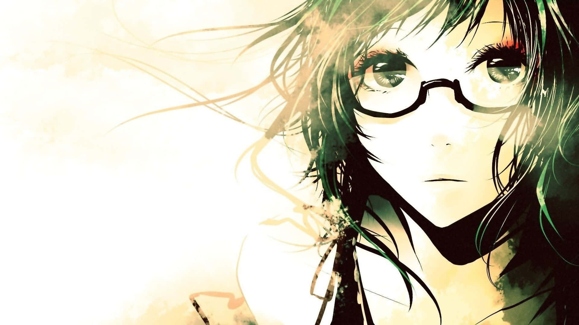anime girl, eyeglasses, green hair, Full HD Desktop Wallpaper