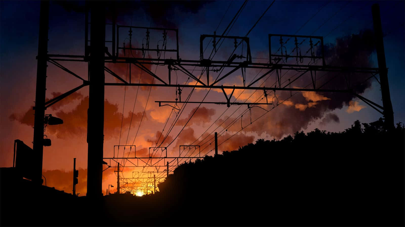 Subtle Anime, railway utility pole, fiery sunset sky, HD Desktop Wallpaper