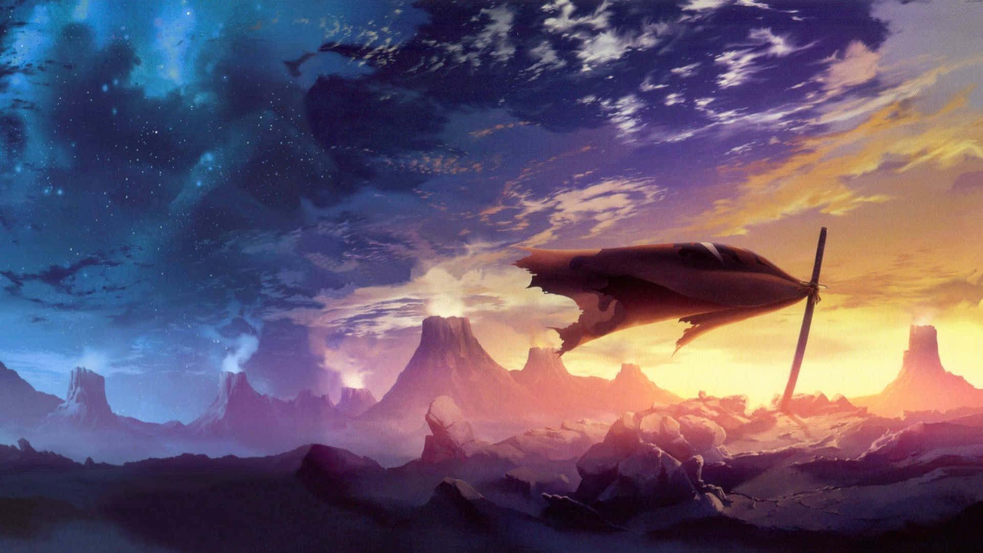 Subtle Anime, futuristic aircraft, rocky alien landscape, Full HD Desktop Wallpaper