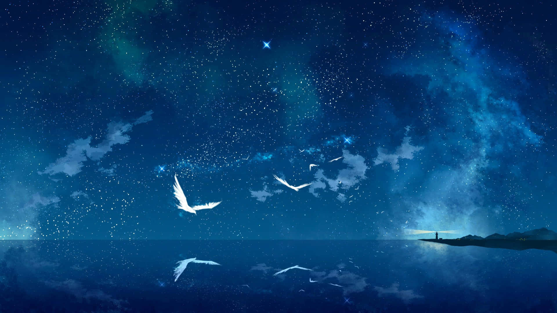 Subtle Anime, lighthouse, starry sky, Full HD Desktop Wallpaper