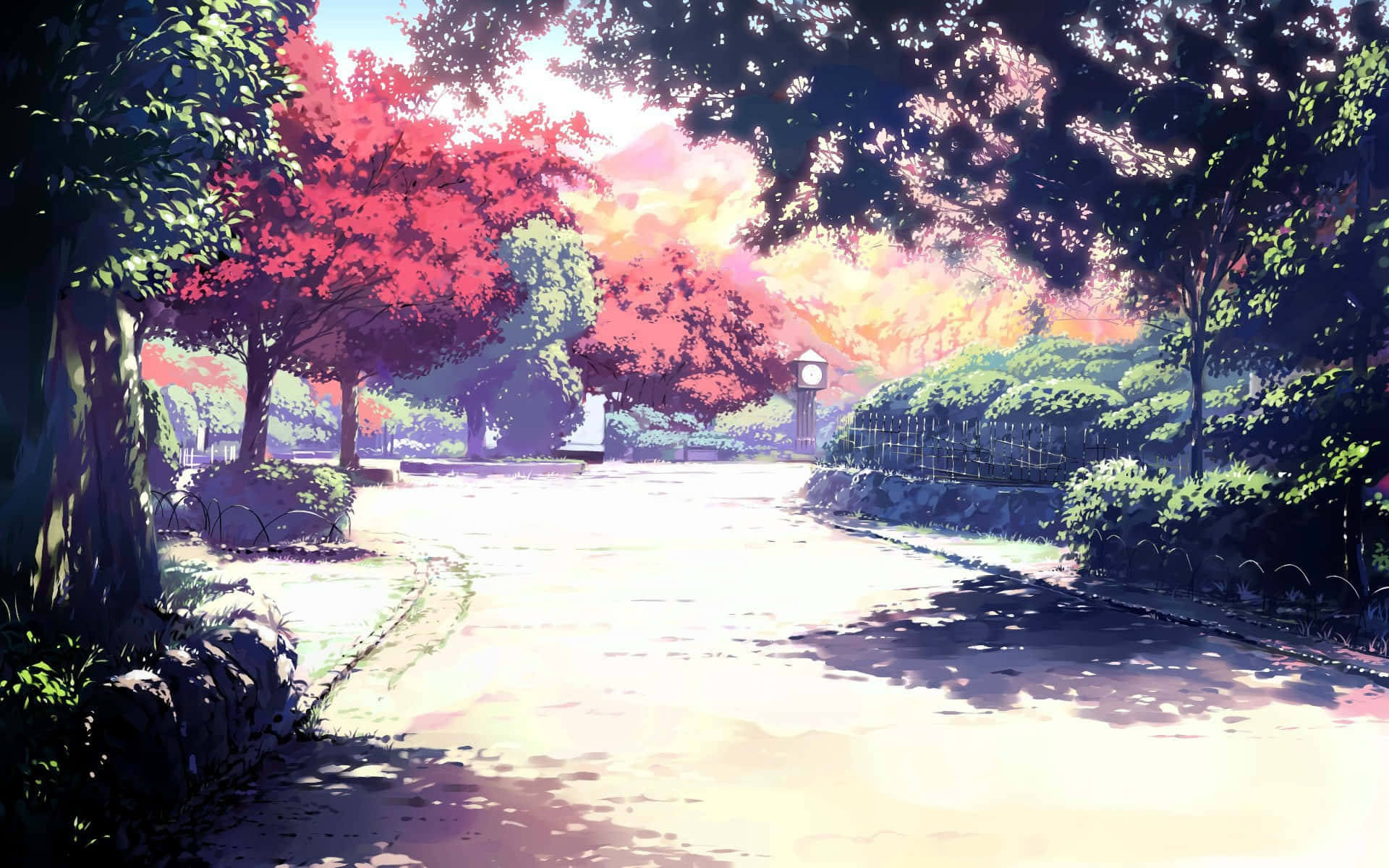 Subtle Anime, Japanese Park Scene, vibrant red and green trees, Full HD Desktop Wallpaper