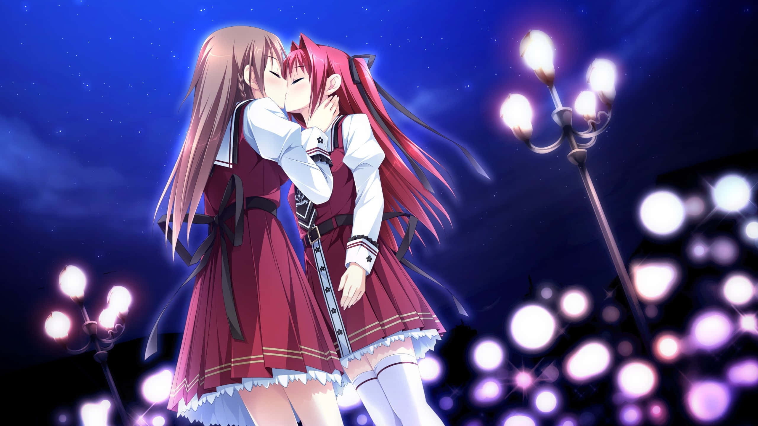 Lesbian Anime School Girl Kiss, anime girls, school uniforms, 2K Desktop Wallpaper
