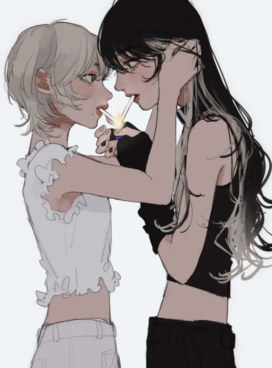 lesbian anime, anime girls, intimate moment, SD Phone Wallpaper