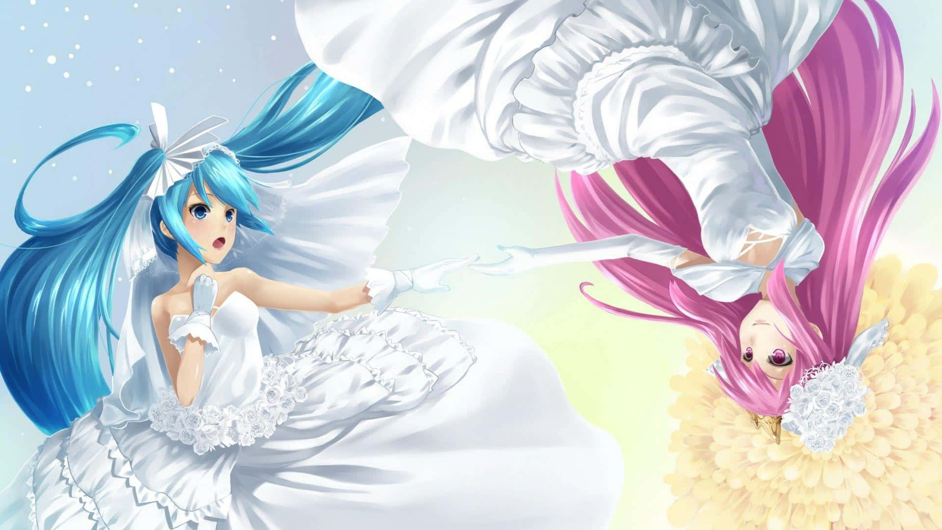 lesbian anime, white wedding gowns, pastel sky, Full HD Desktop Wallpaper