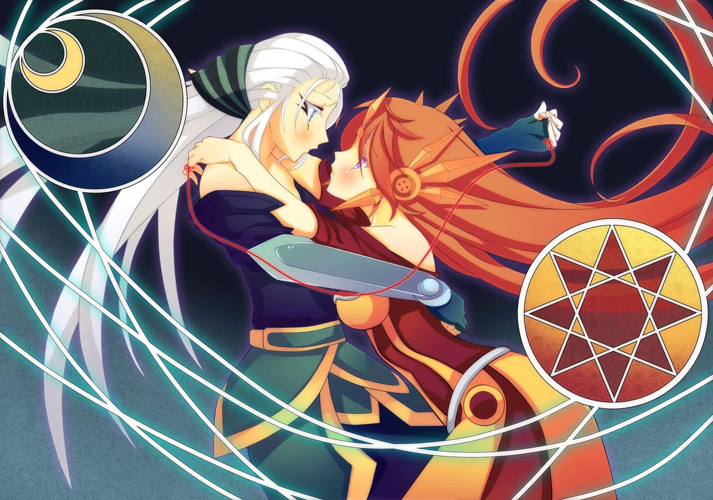lesbian anime characters, dark background, swirling energy lines, Full HD Desktop Wallpaper