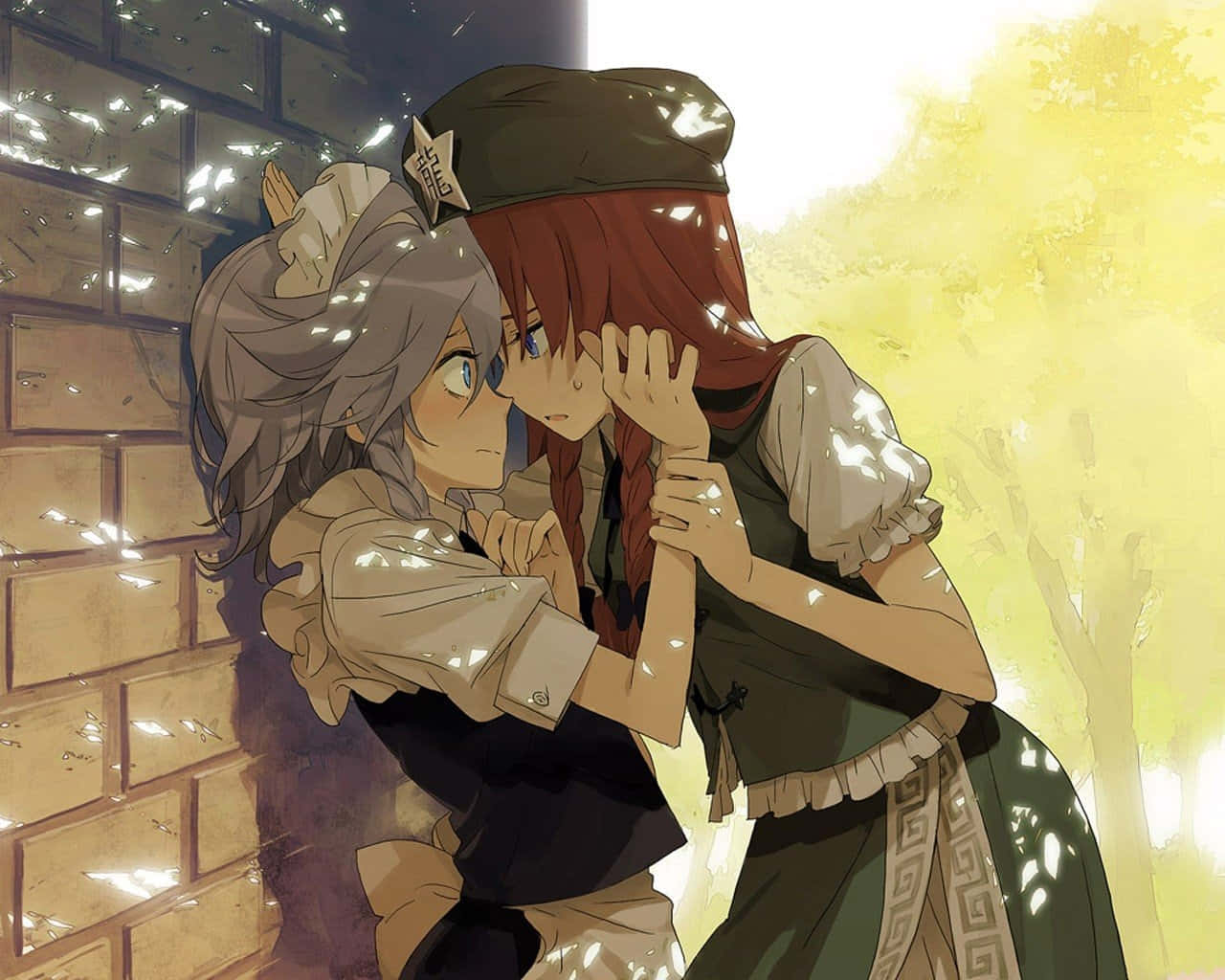 lesbian anime, anime girls, brick wall, HD Desktop Wallpaper