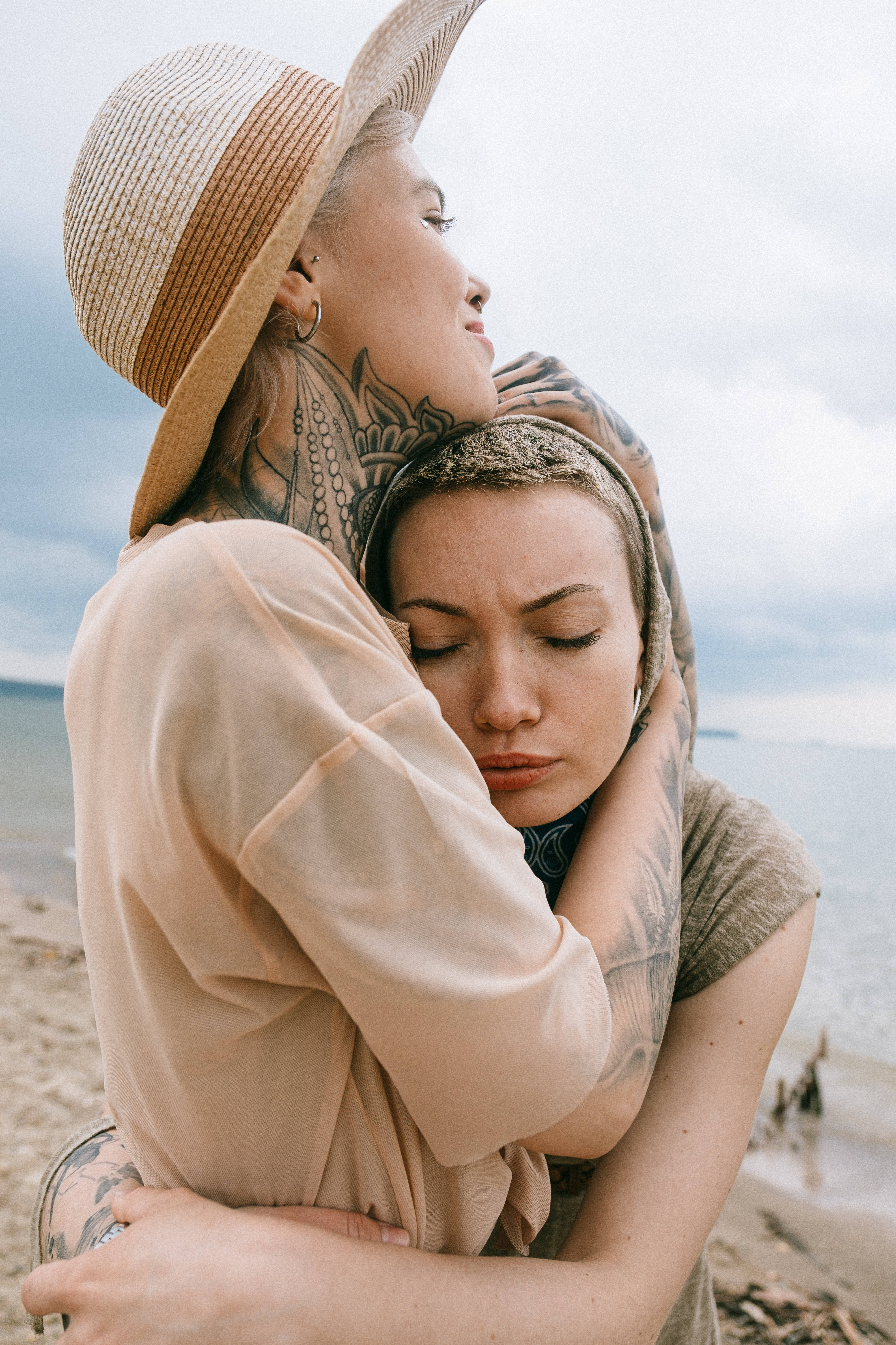 tattooed women, cloudy beach, ocean waves, 5K Phone Wallpaper