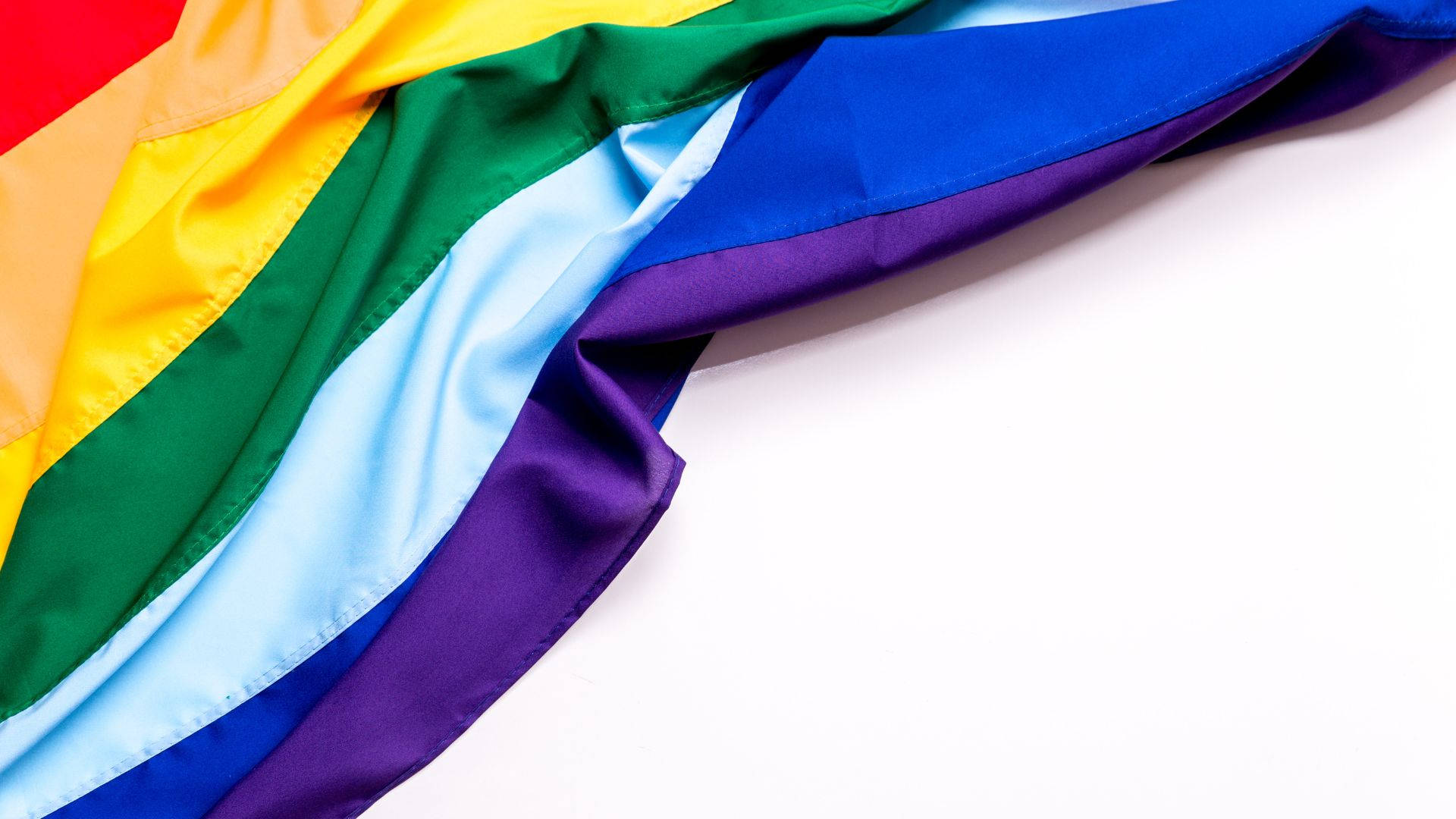 rainbow flag, glossy fabric folds, white background, Full HD Desktop Wallpaper
