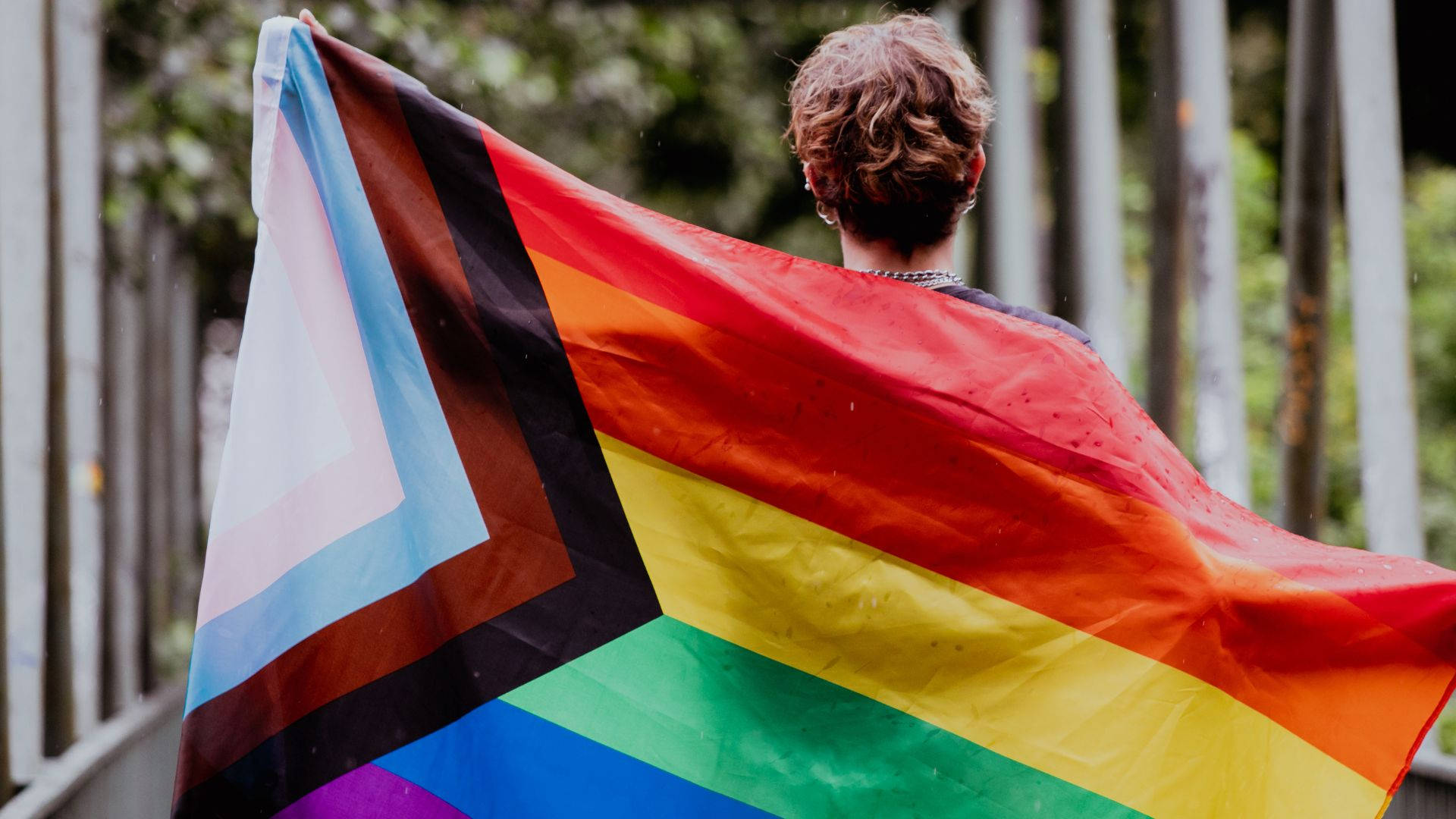 rainbow flag, black brown and light blue triangle, vertical metal bars, Full HD Desktop Wallpaper