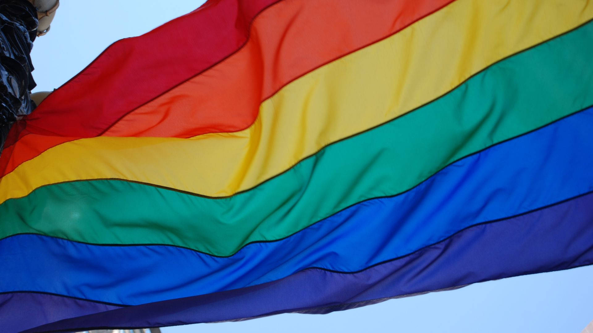 rainbow flag, clear blue sky, fabric folds, Full HD Desktop Wallpaper