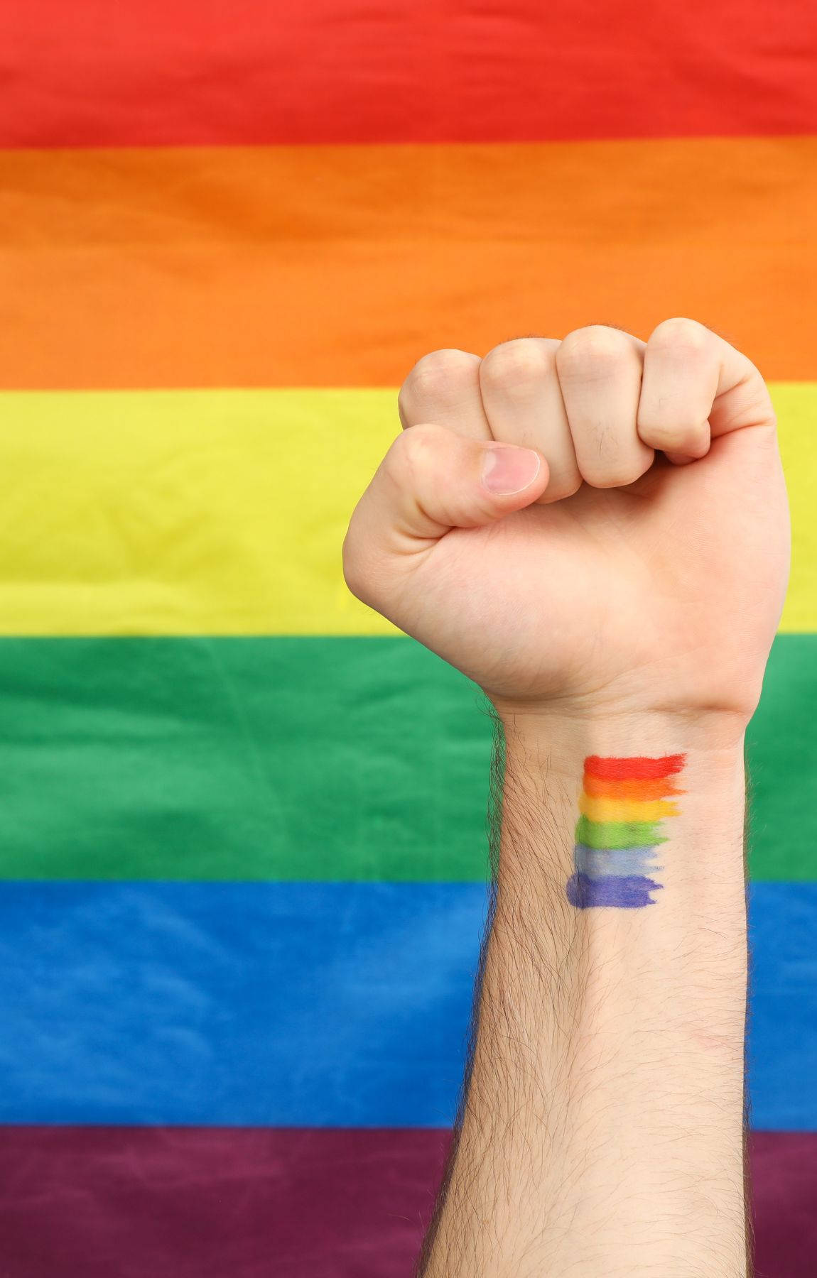 rainbow wrist tattoo, rainbow flag background, raised fist, HD Phone Wallpaper