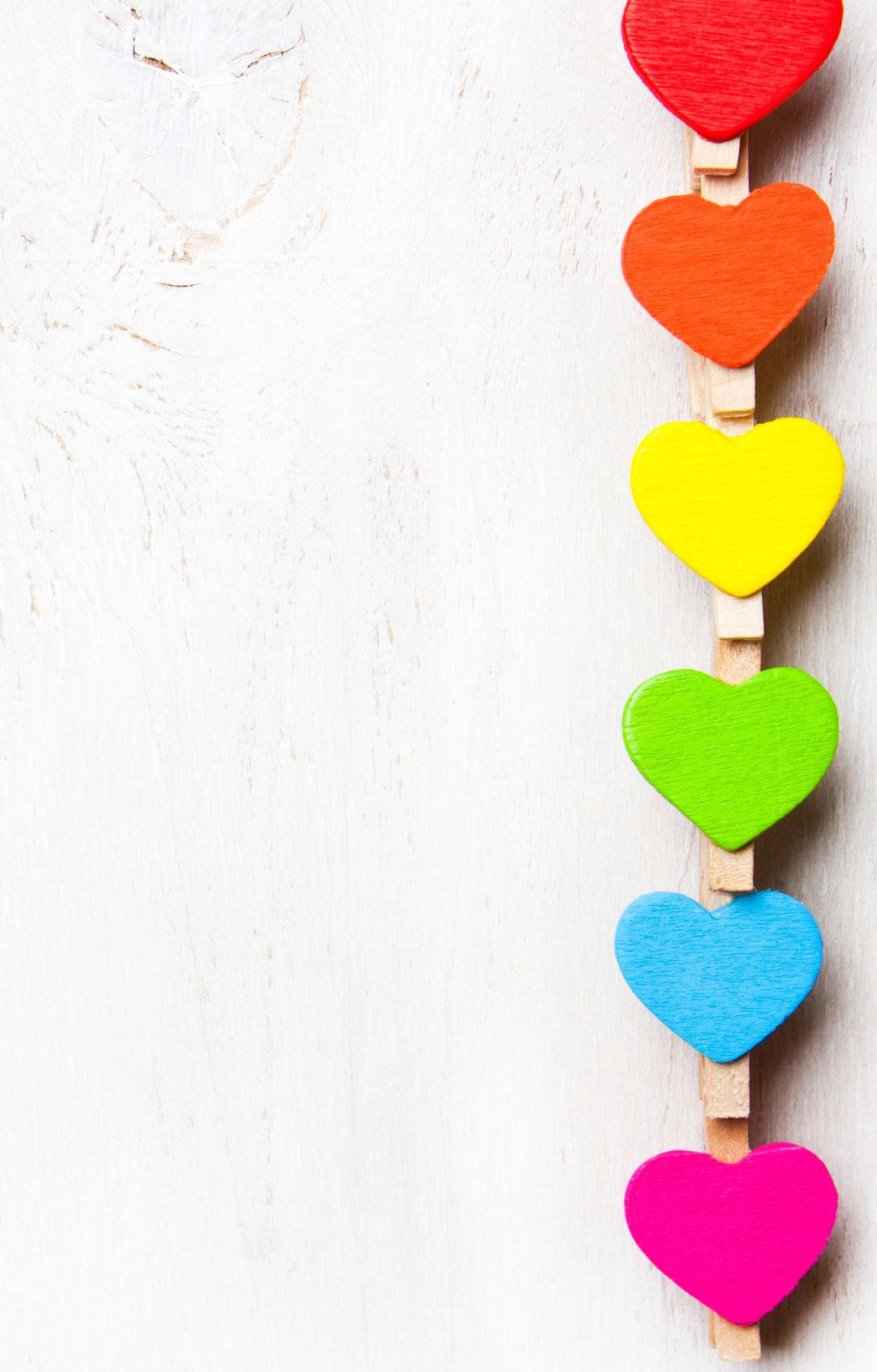 rainbow order, colorful wooden hearts, light wood surface, HD Phone Wallpaper