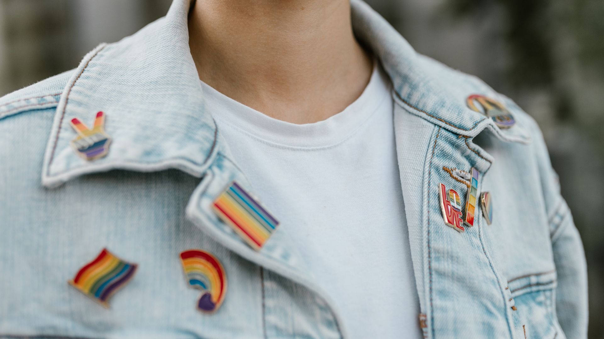 light-wash denim jacket, colorful rainbow pride pins, colorful rainbow pride patches, Full HD Desktop Wallpaper