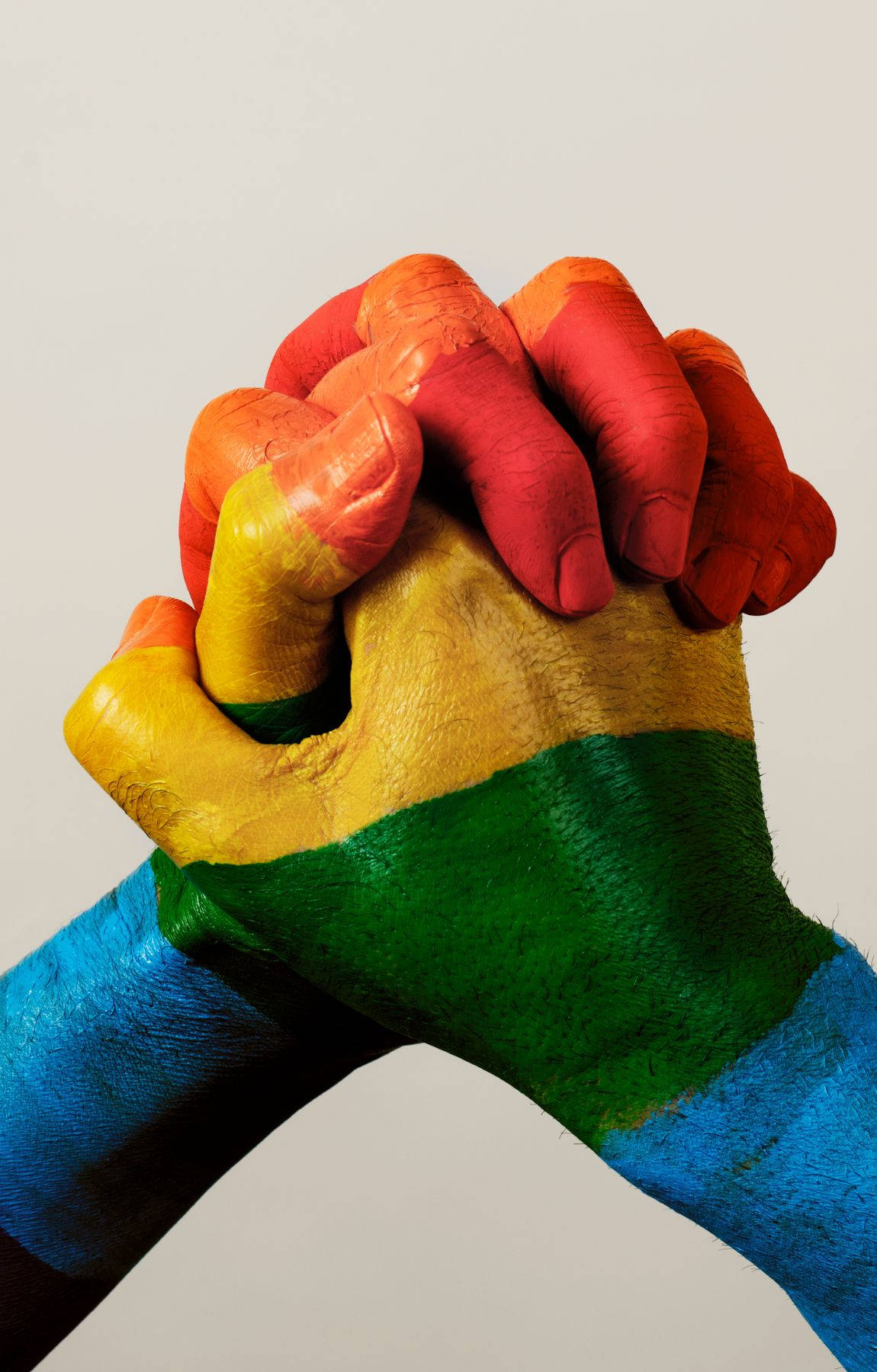 rainbow colors, hands clasped, plain background, HD Phone Wallpaper