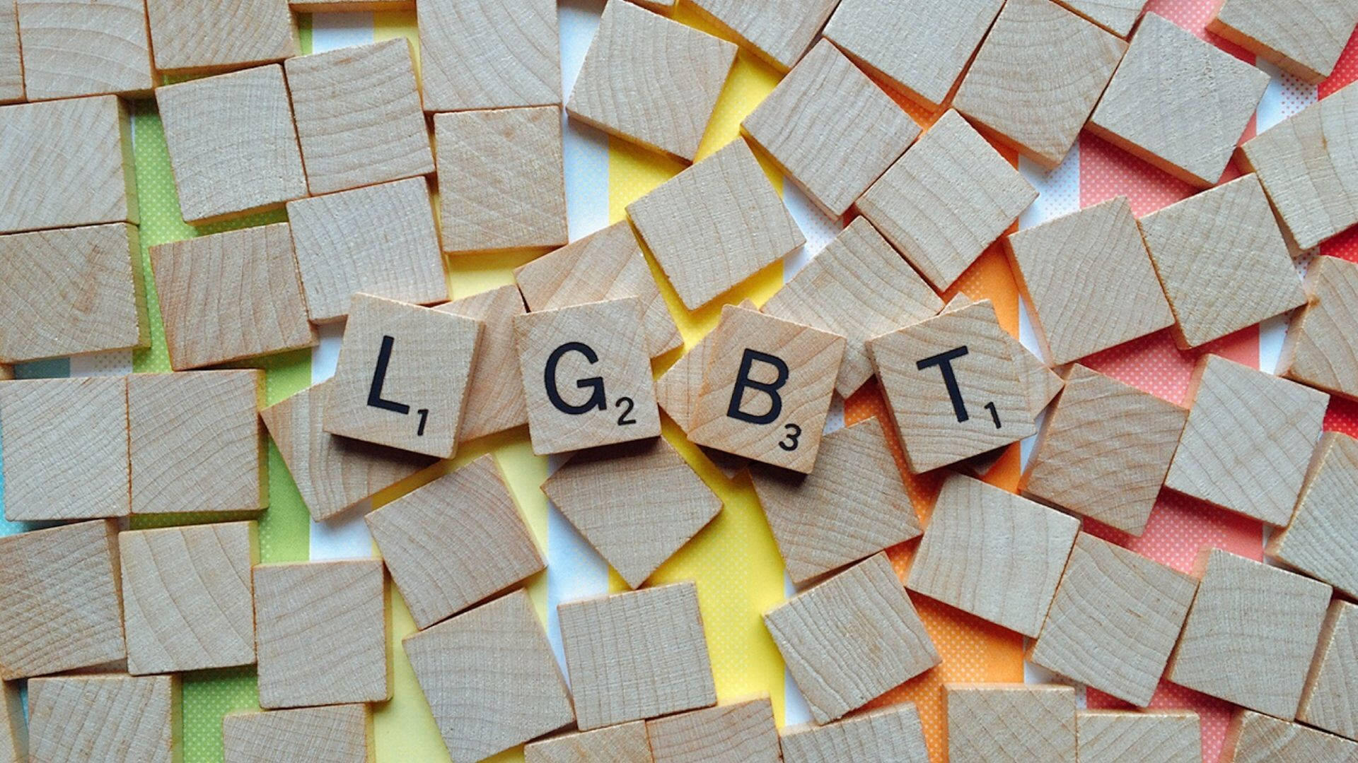 LGBT, Wooden Scrabble tiles, colorful striped background, Full HD Desktop Wallpaper