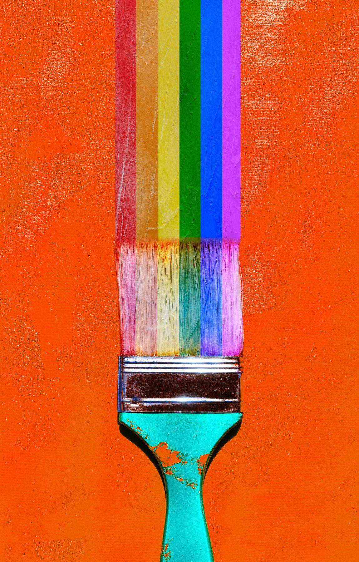 rainbow bristles, textured orange background, vibrant paintbrush, HD Phone Wallpaper