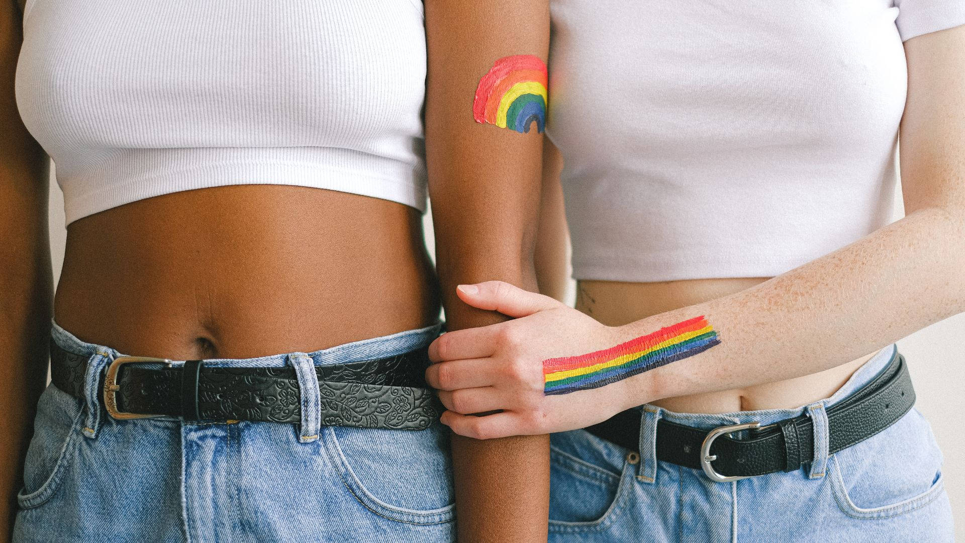 rainbow temporary tattoos, white crop tops, jeans, Full HD Desktop Wallpaper