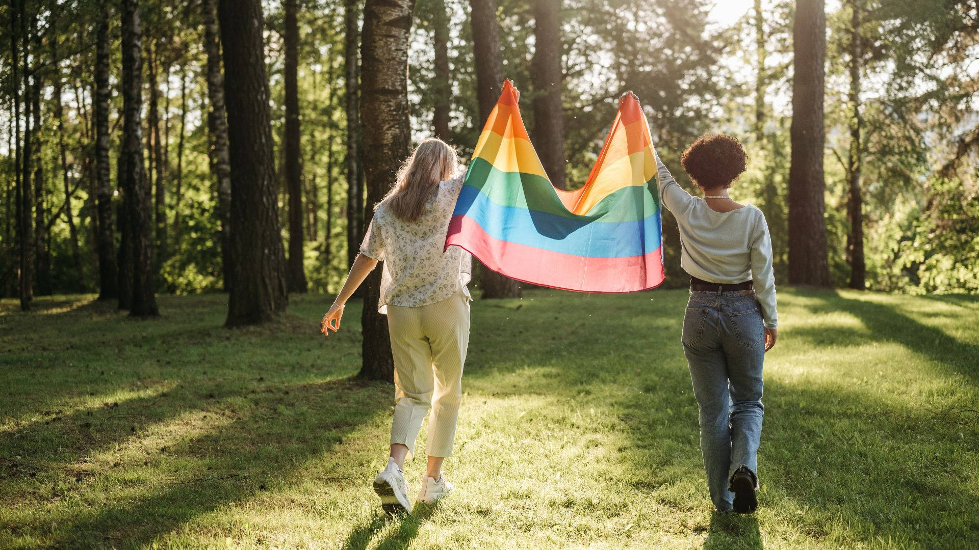 rainbow flag, sunlit forest, two people, Full HD Desktop Wallpaper