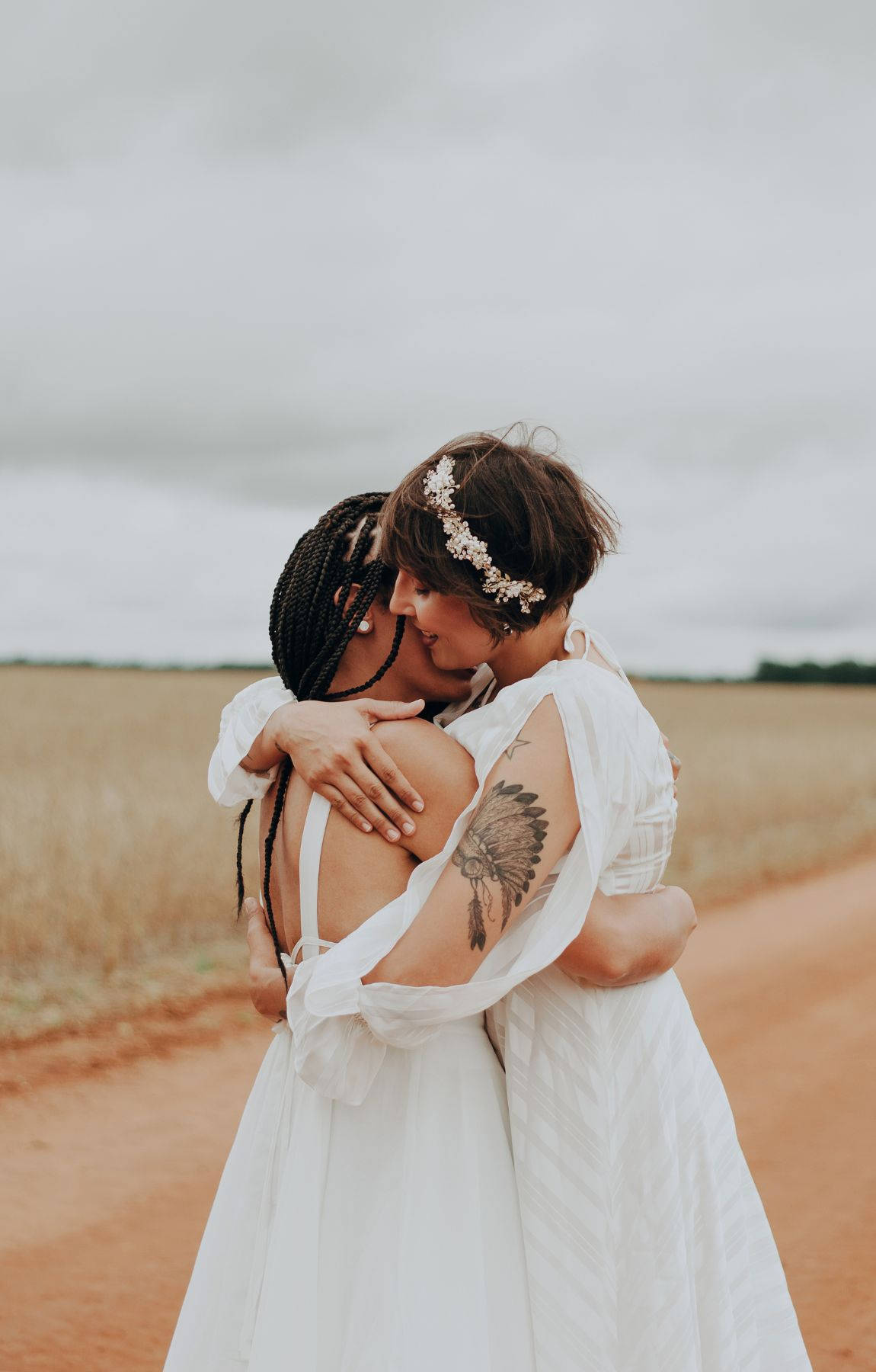 white dresses, golden field, dirt path, HD Phone Wallpaper