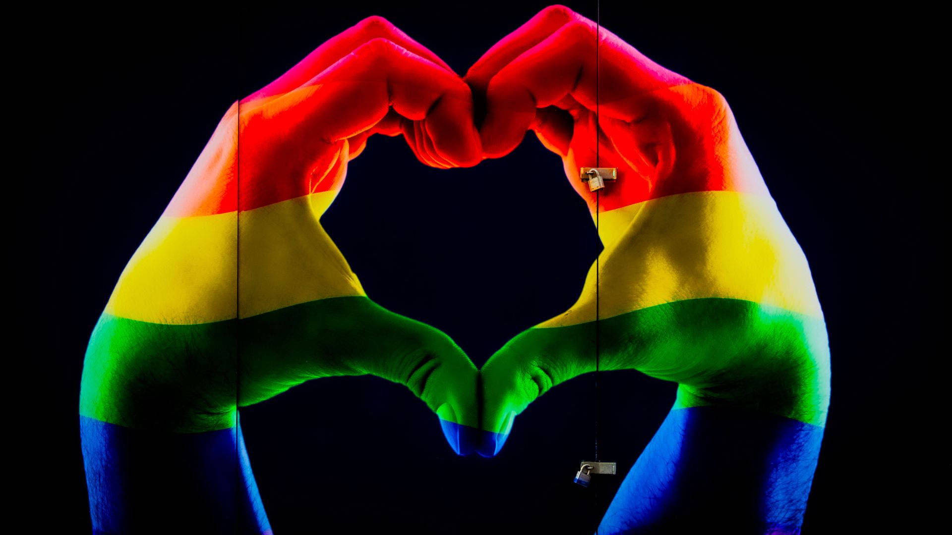 rainbow flag colors, heart shape, black background, Full HD Desktop Wallpaper