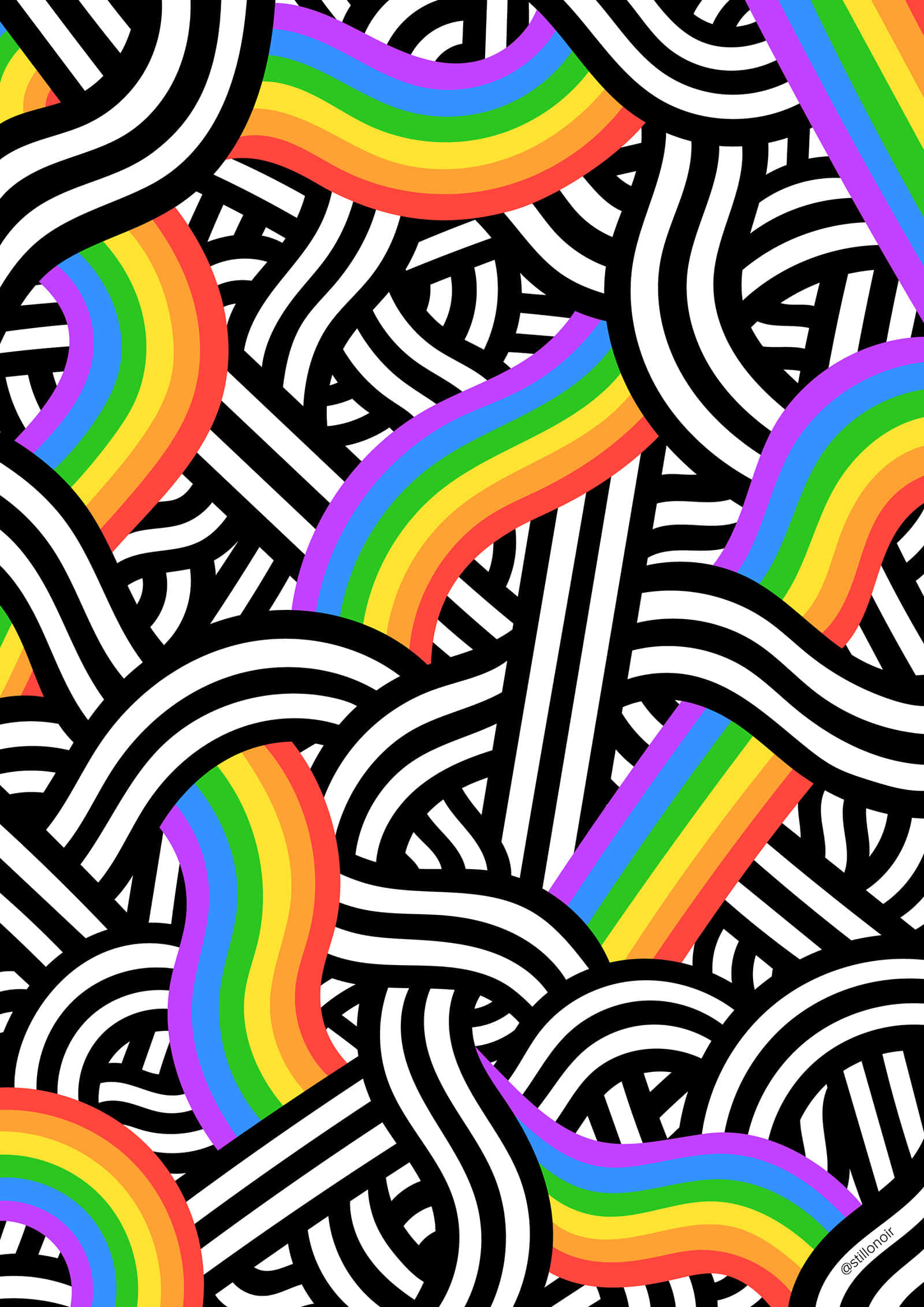 aesthetic lgbt rainbow, rainbow arcs, black and white wavy lines, Full HD Phone Wallpaper
