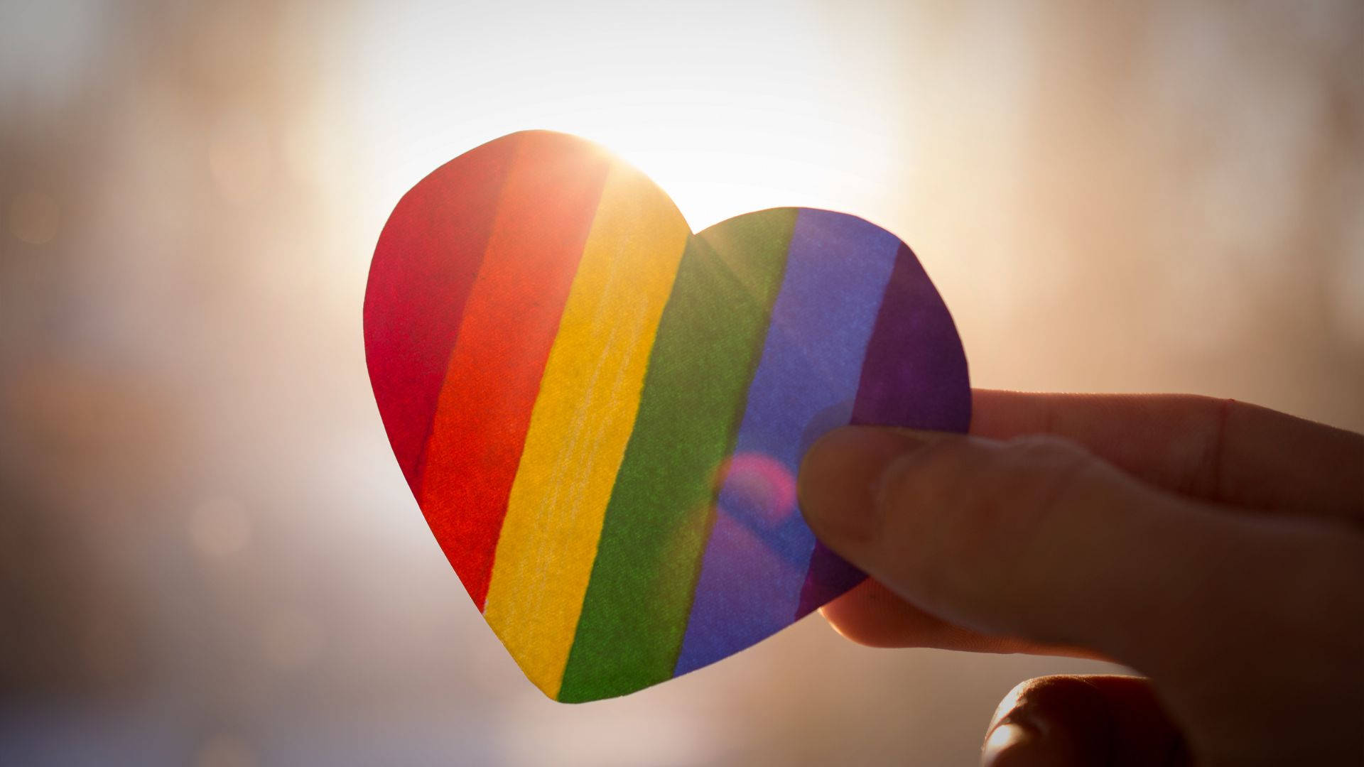 rainbow-colored heart, bright sunlit background, soft bokeh, Full HD Desktop Wallpaper
