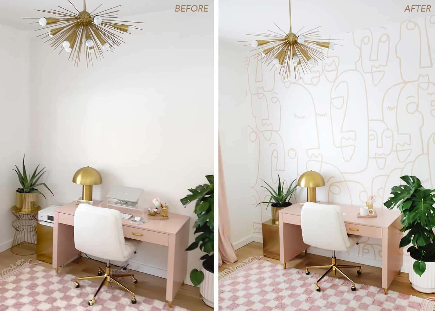 pink desk space, abstract line art wallpaper, gold accents, HD Desktop Wallpaper