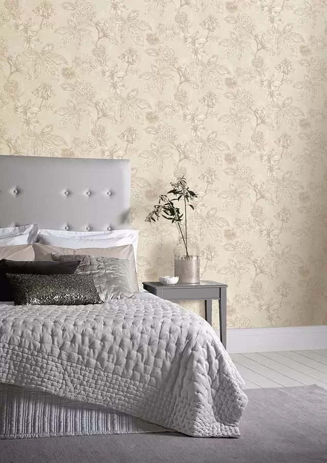 bedroom, gray quilted bedding, beige floral wallpaper, SD Phone Wallpaper