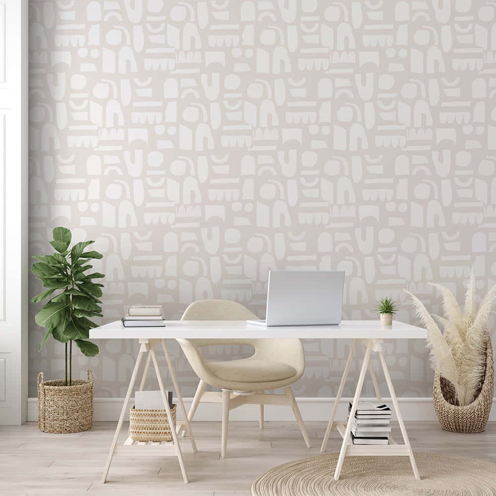 elegant office area, beige abstract patterned wallpaper, minimalist home office, SD Desktop Wallpaper