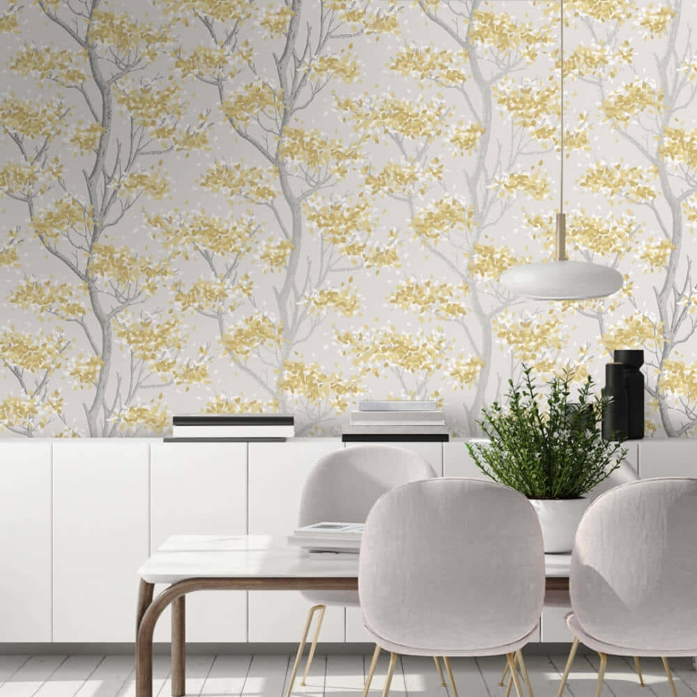gray trees, golden-yellow blossoms, modern dining room, SD Desktop Wallpaper