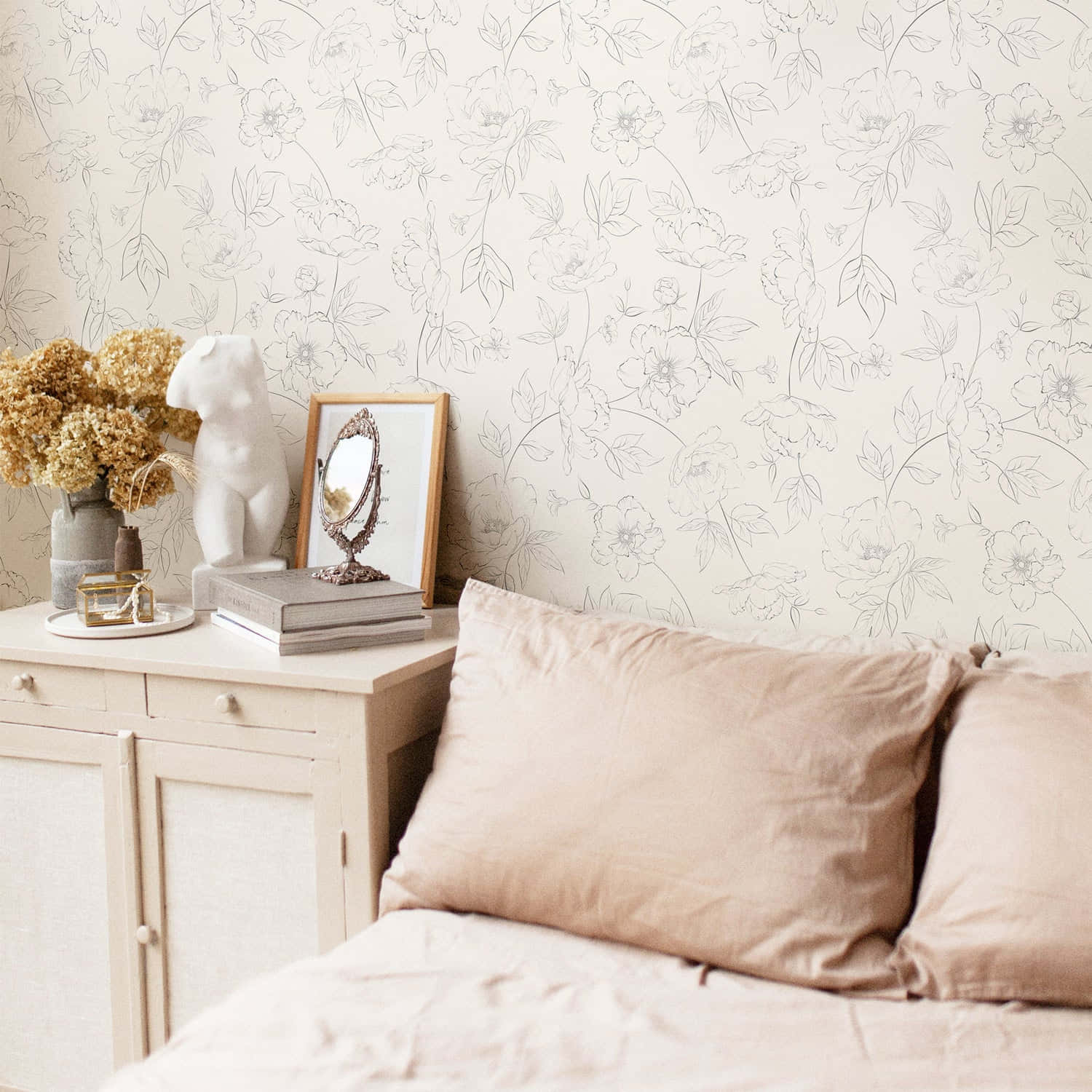 beige floral wallpaper, vintage dresser, dried flowers, HD Desktop Wallpaper