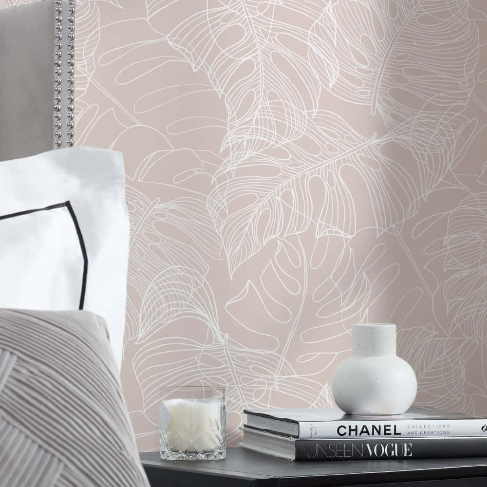 blush pink wallpaper, white monstera leaf outlines, white vase, SD Desktop Wallpaper