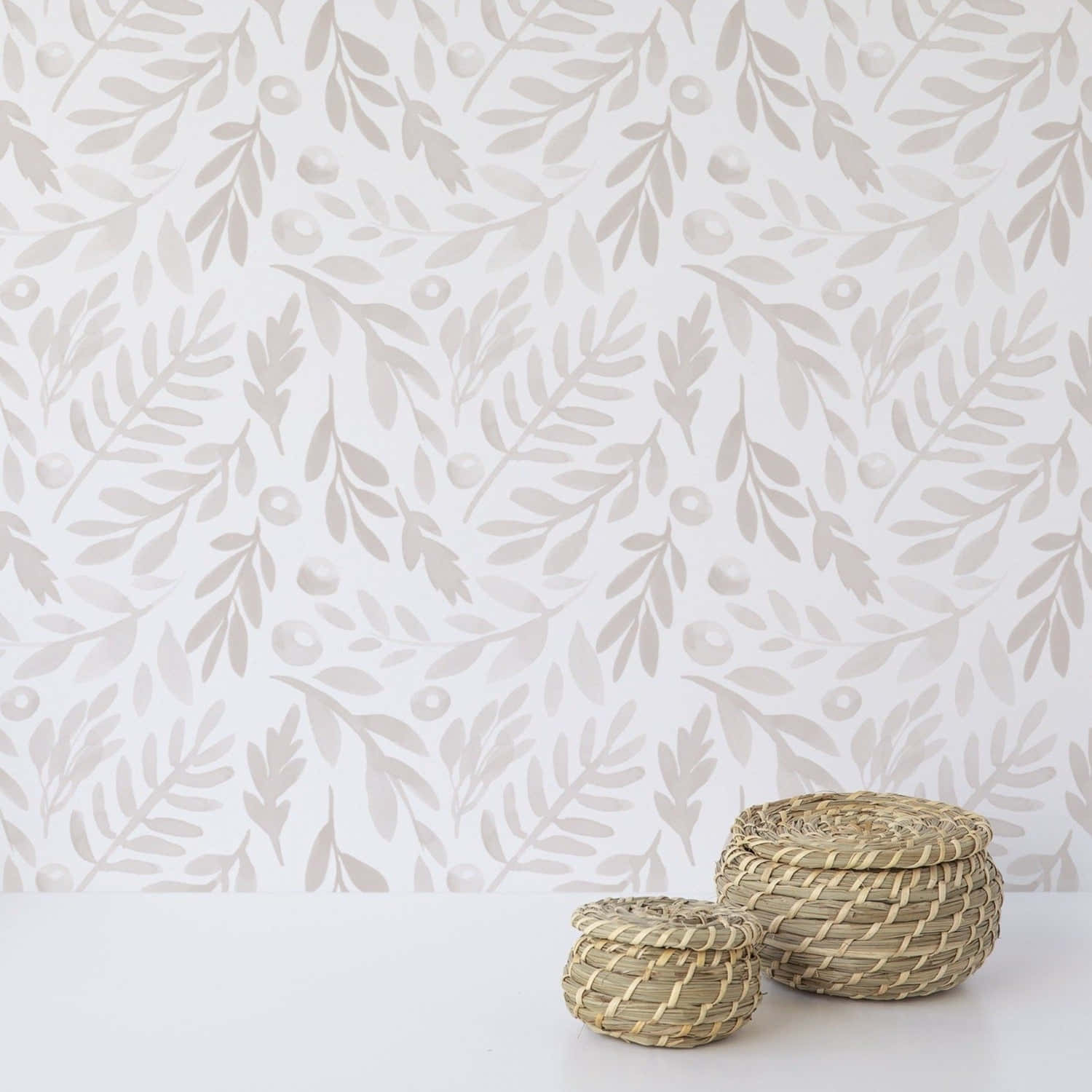light gray botanical wallpaper, leaf and berry motifs, woven baskets, HD Desktop Wallpaper