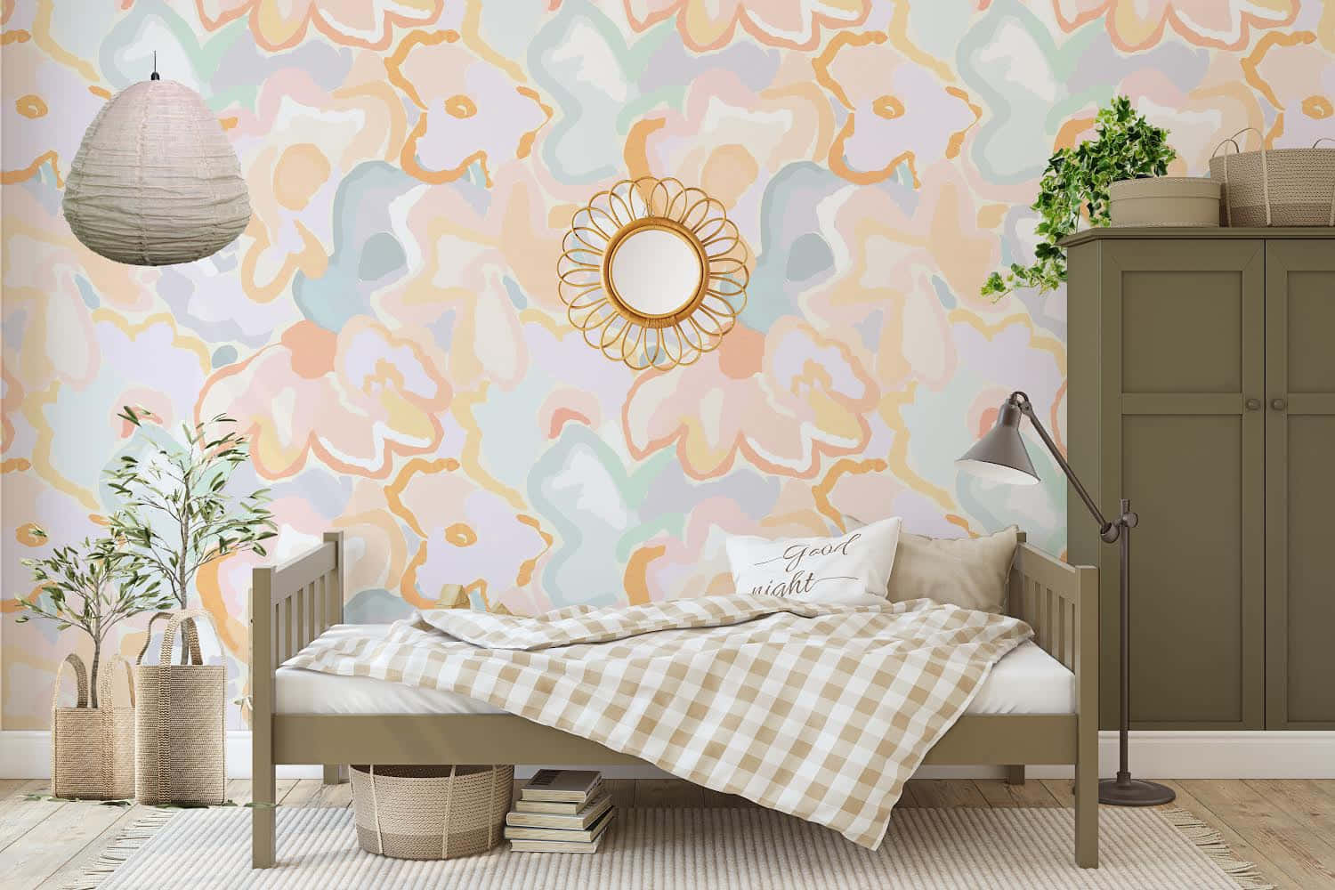 pastel floral wallpaper, sunburst mirror, hanging pendant lamp, HD Desktop Wallpaper