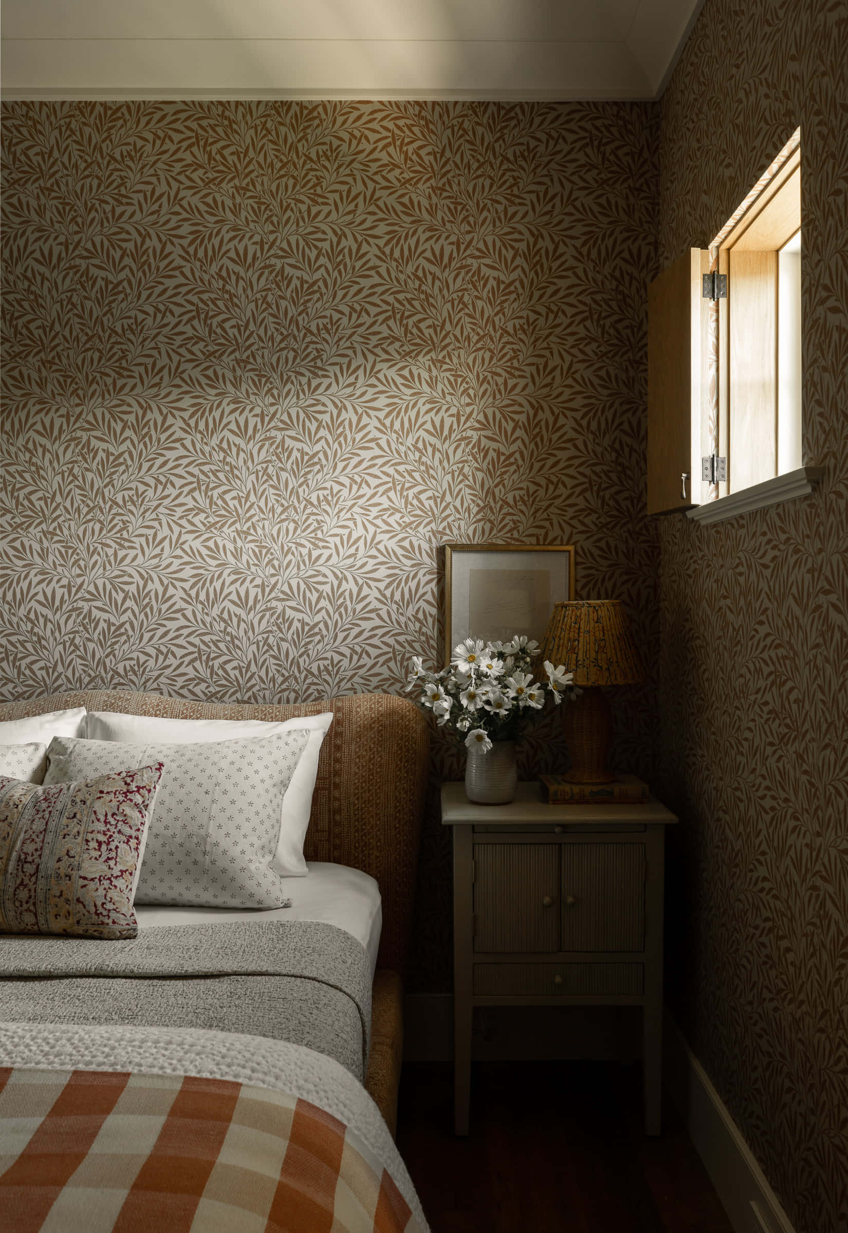 leaf-patterned wallpaper, warm sunlight, wooden nightstand, Full HD Phone Wallpaper