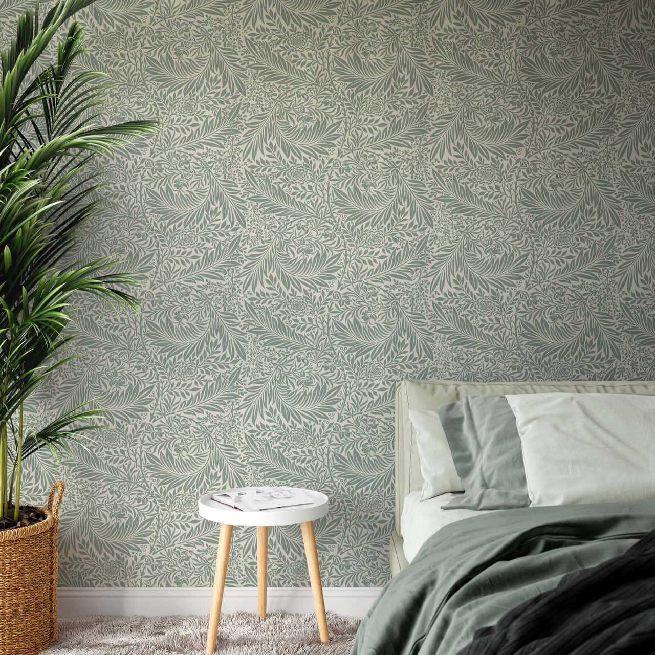 potted palm, intricate leaf-patterned wallpaper, green bedding, HD Desktop Wallpaper