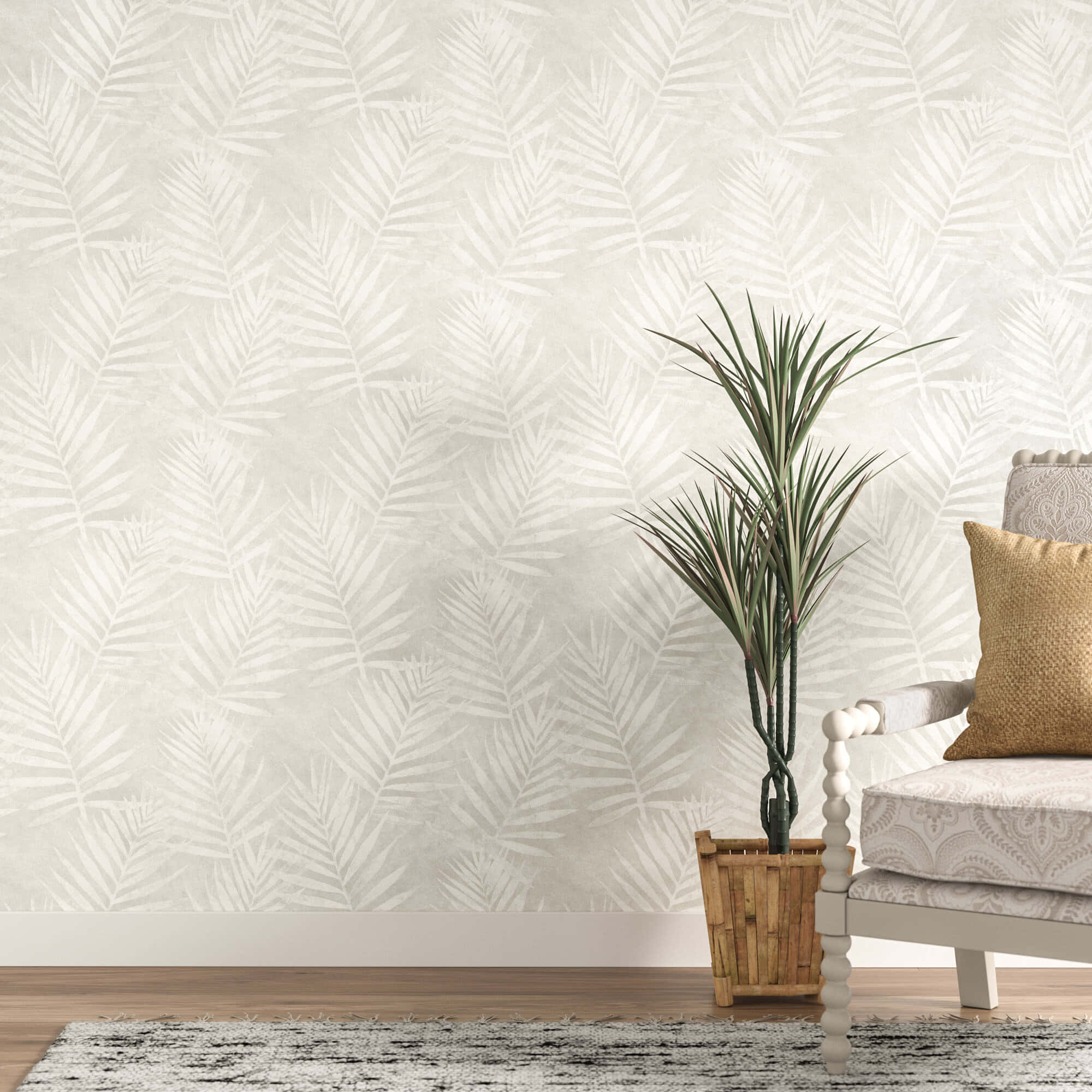 palm leaf wallpaper, white armchair, gold pillow, Full HD Desktop Wallpaper