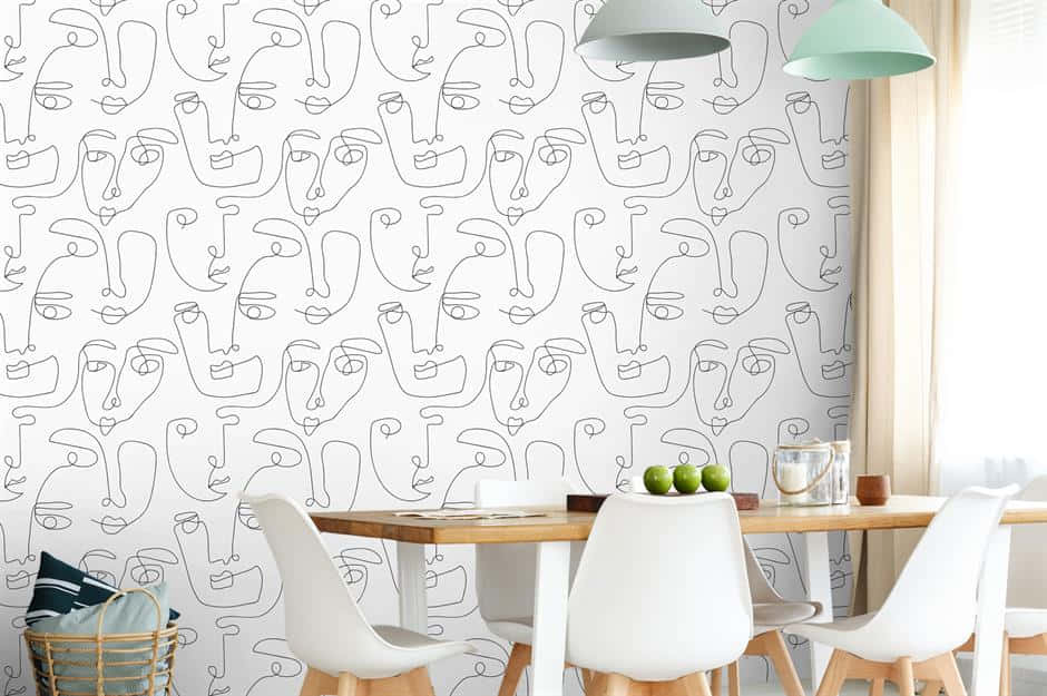 dining room, white wall, minimalist line-art abstract faces, SD Desktop Wallpaper