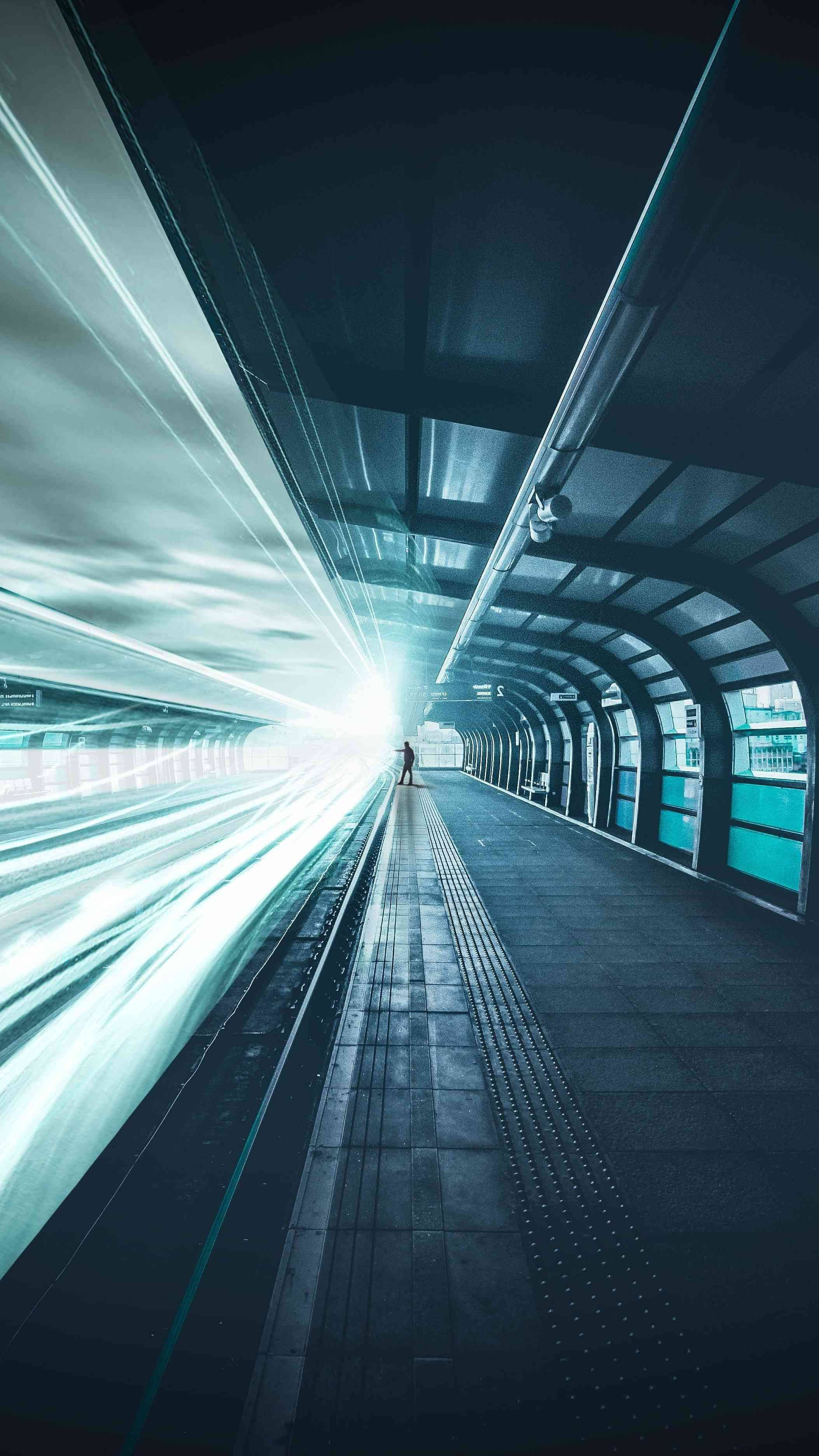 Bright Motion Light, subway platform, futuristic train platform, 2K Phone Wallpaper