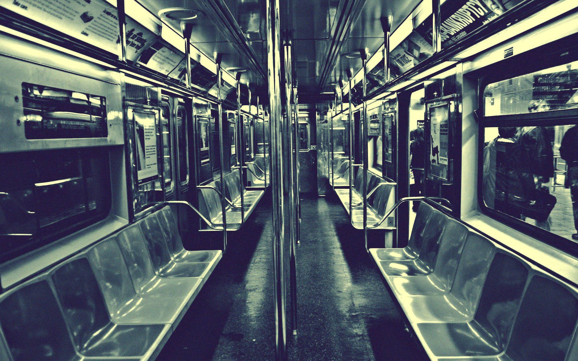metal subway train interior, metallic seats, reflective windows, Full HD Desktop Wallpaper