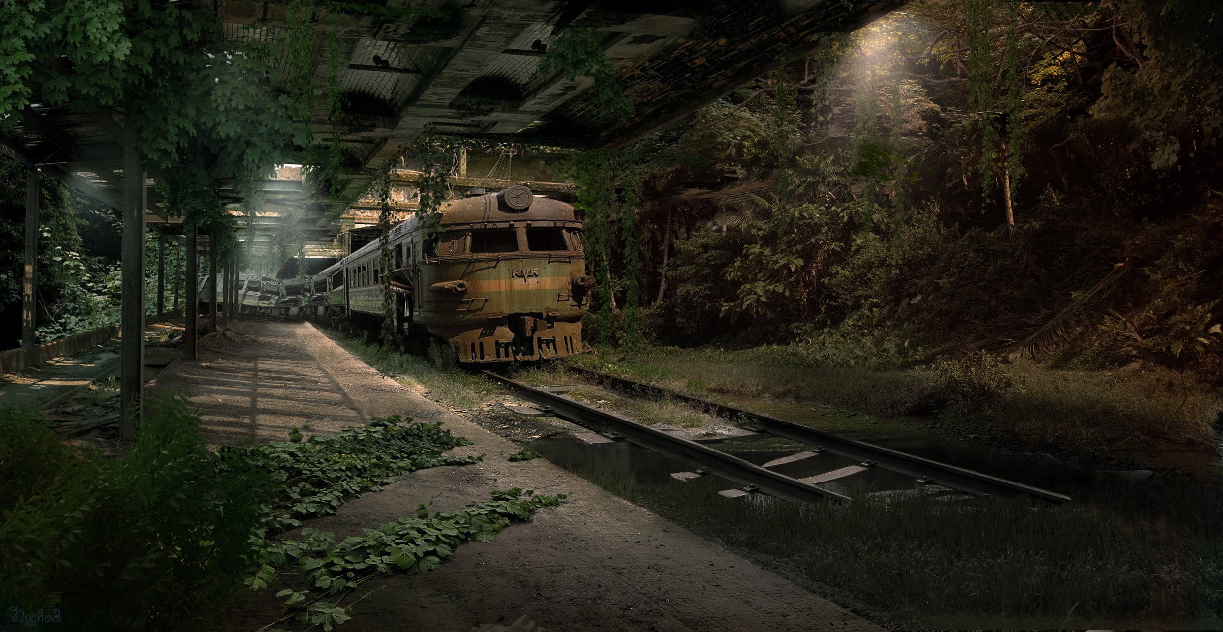 apocalyptic subway train, overgrown tracks, decaying station canopy, Full HD Desktop Wallpaper