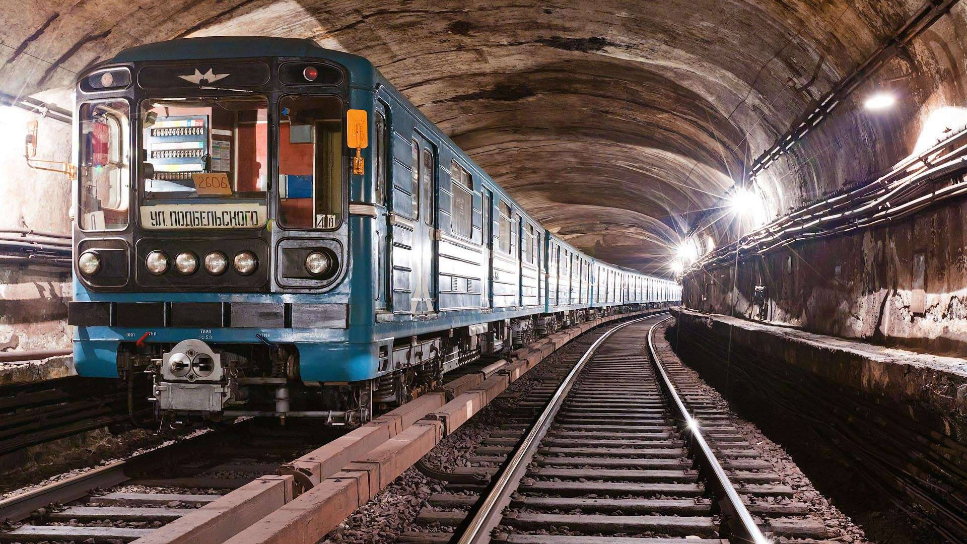 old school subway train, blue subway train, dimly lit concrete tunnel, Full HD Desktop Wallpaper