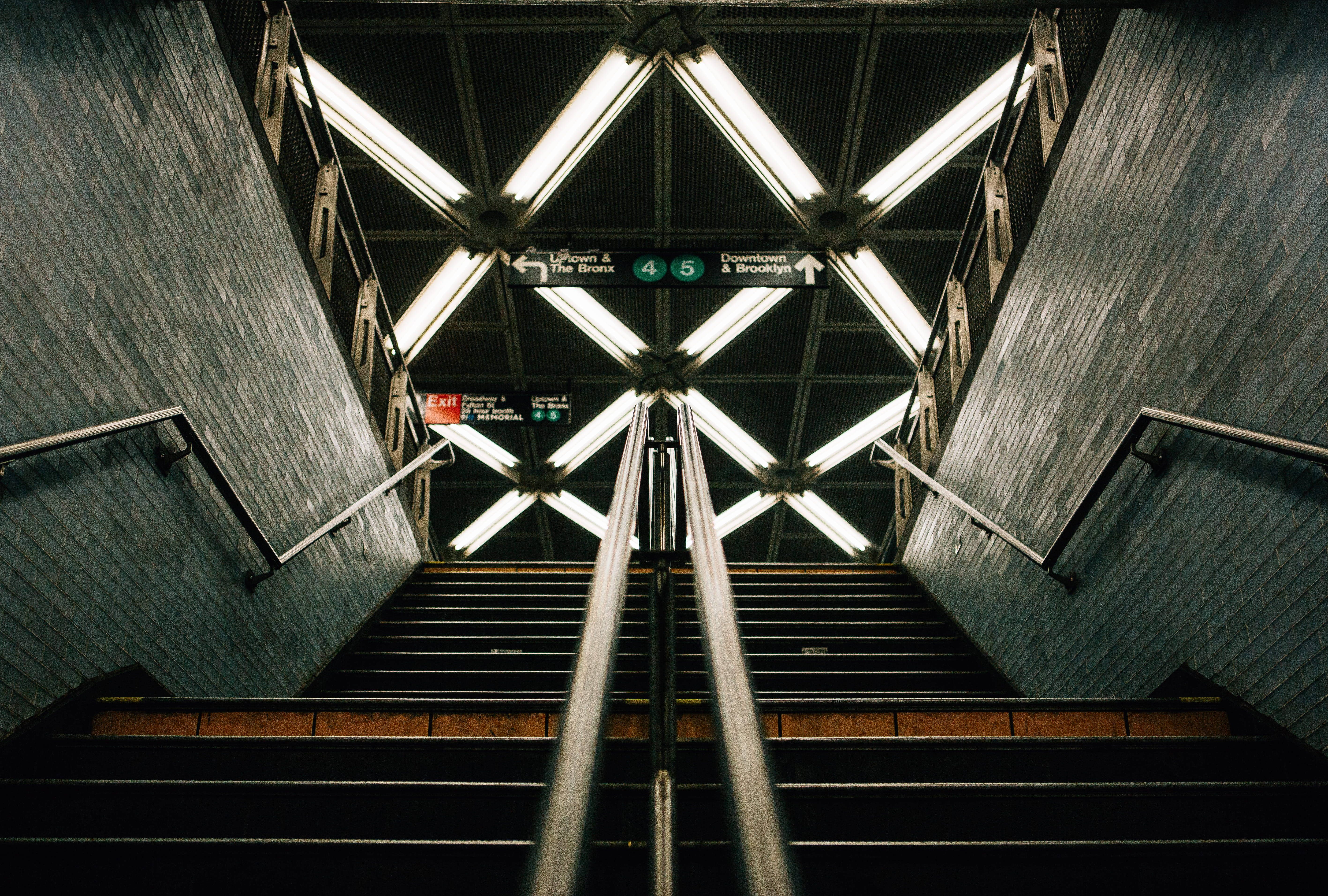 subway stairway, fluorescent lights, directional signs, 5K Desktop Wallpaper