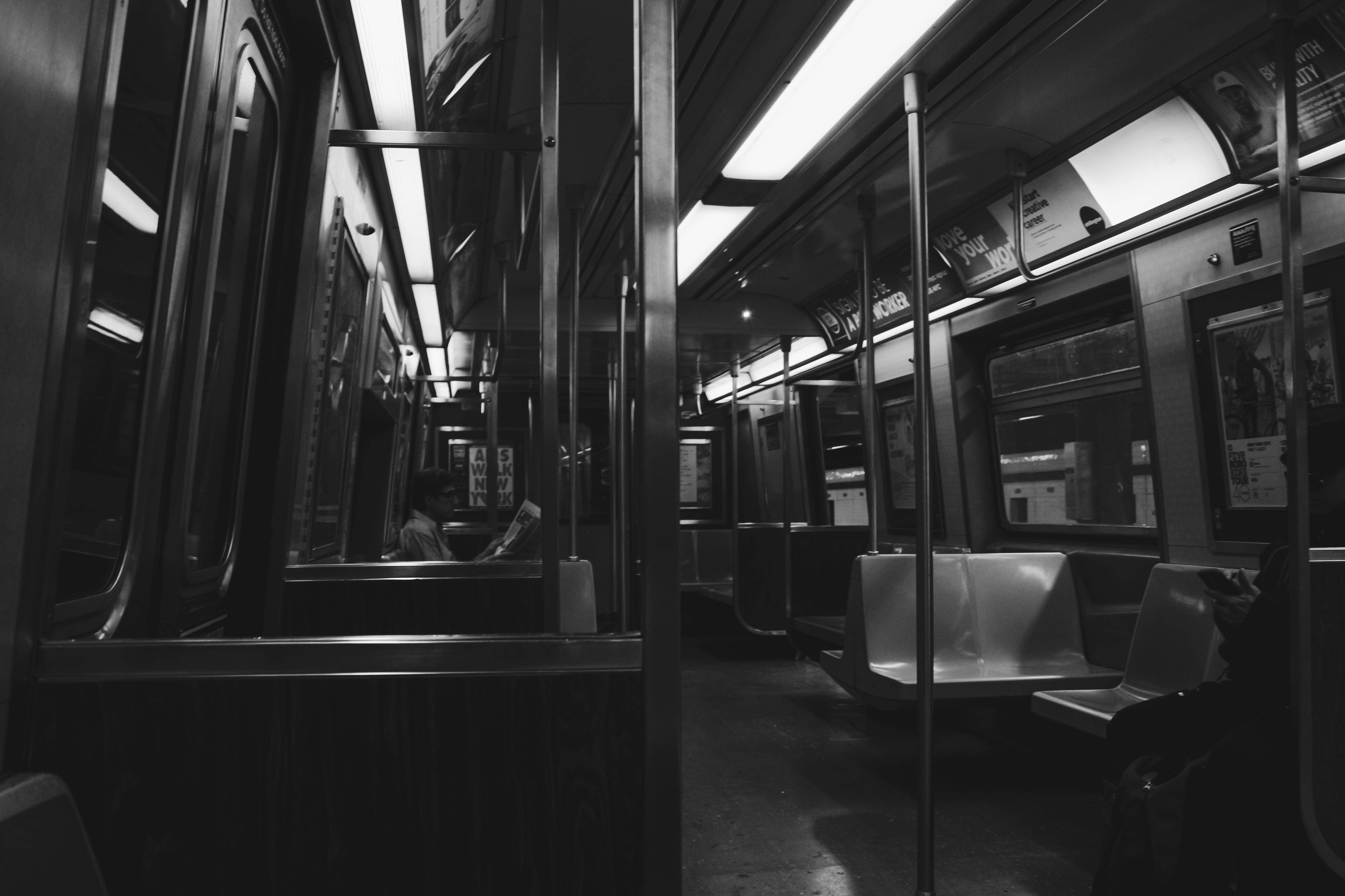 subway car, monochrome, dim fluorescent light, 5K Desktop Wallpaper
