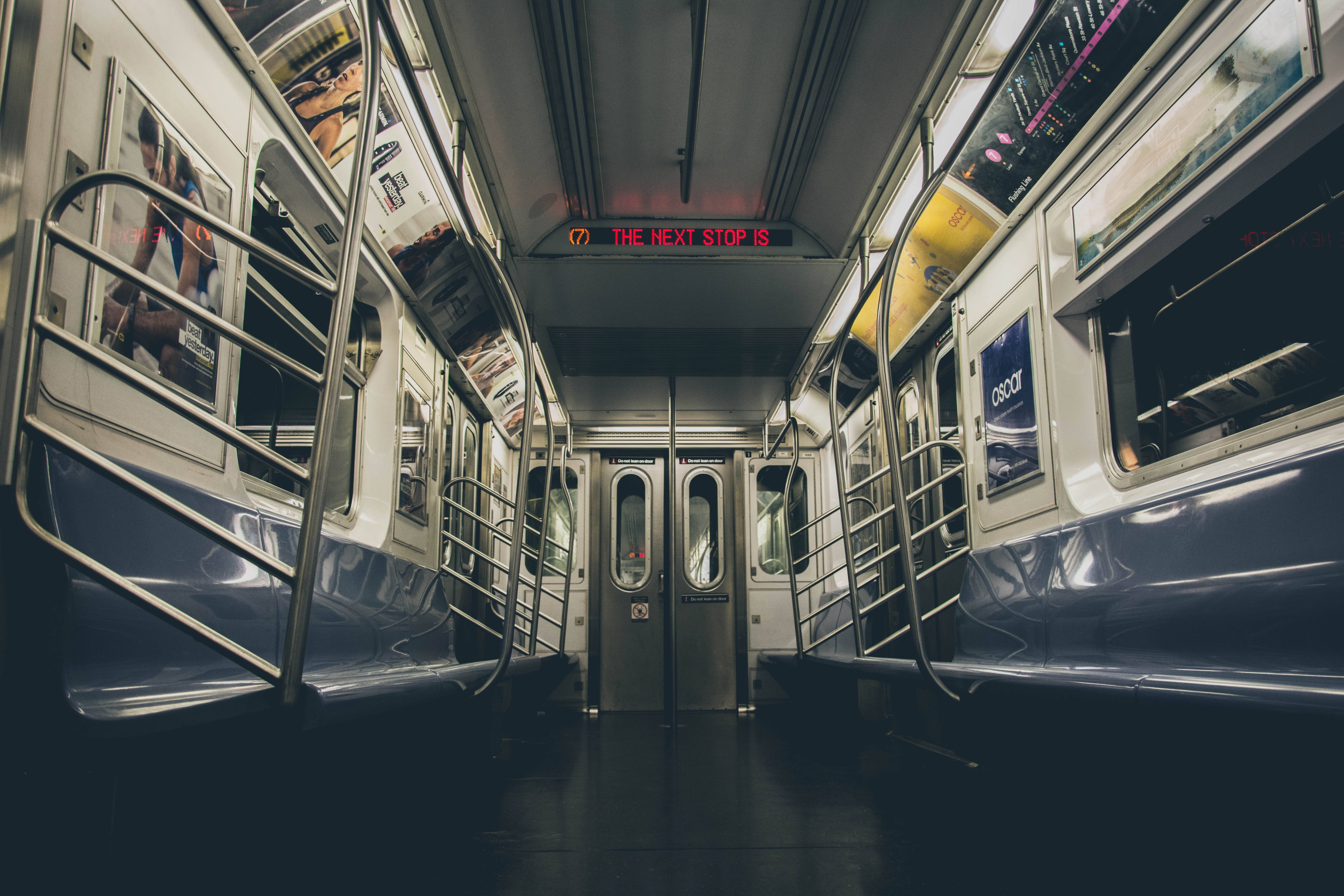 subway train, next stop, metallic poles, 5K Desktop Wallpaper