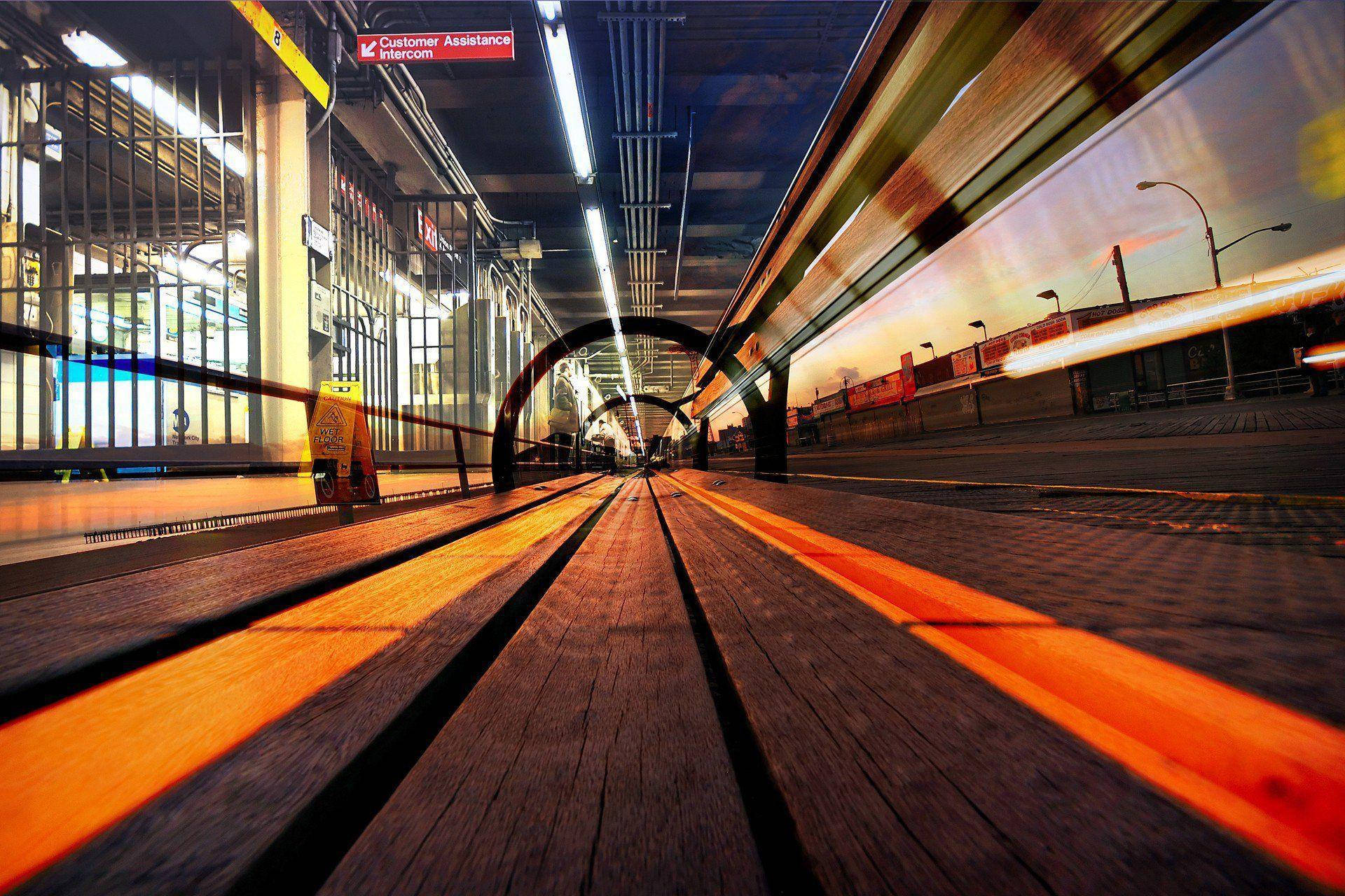 wooden platform, modern transit station, dusk, Full HD Desktop Wallpaper