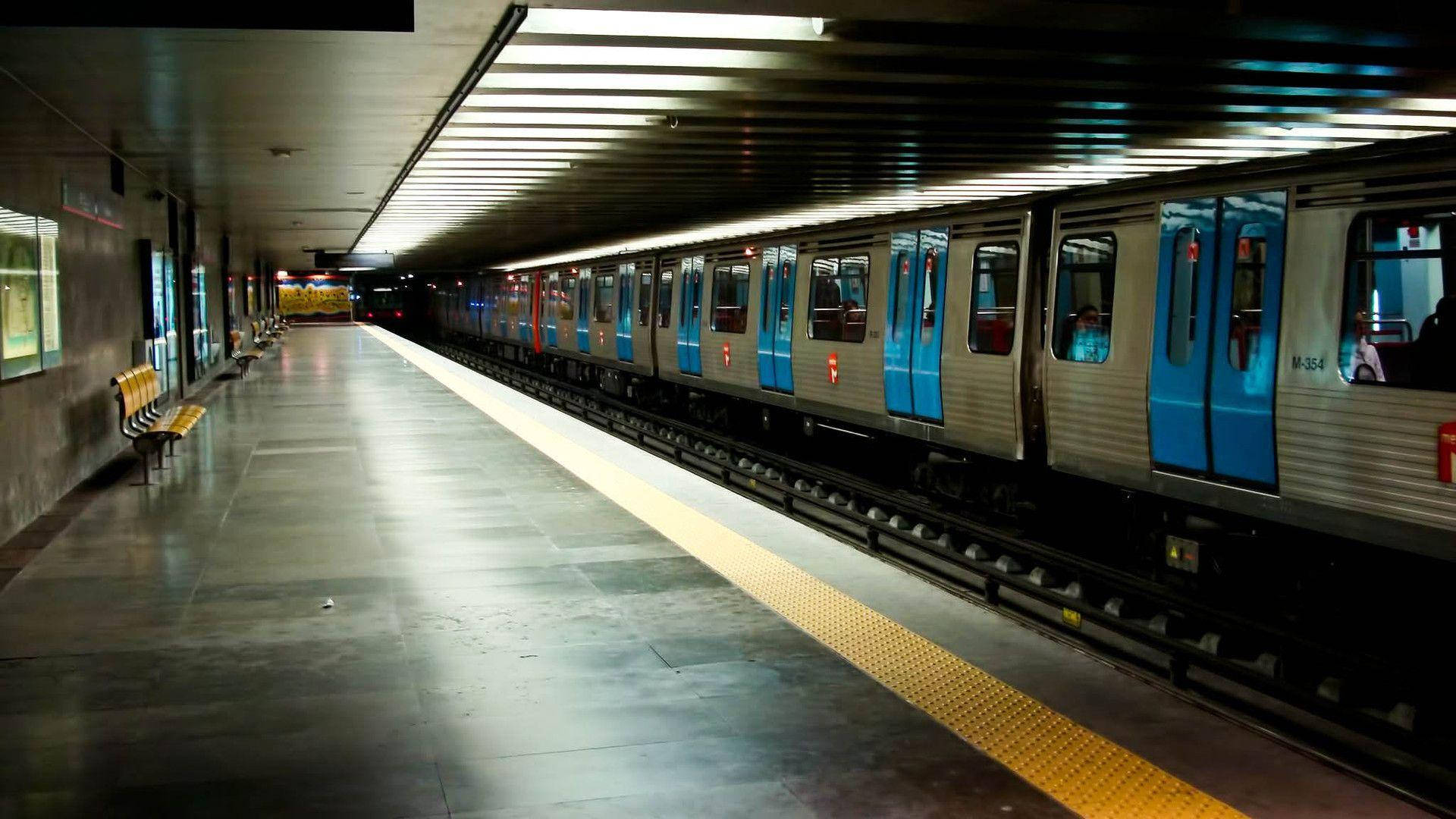 subway train, blue doors, dimly lit underground station platform, Full HD Desktop Wallpaper